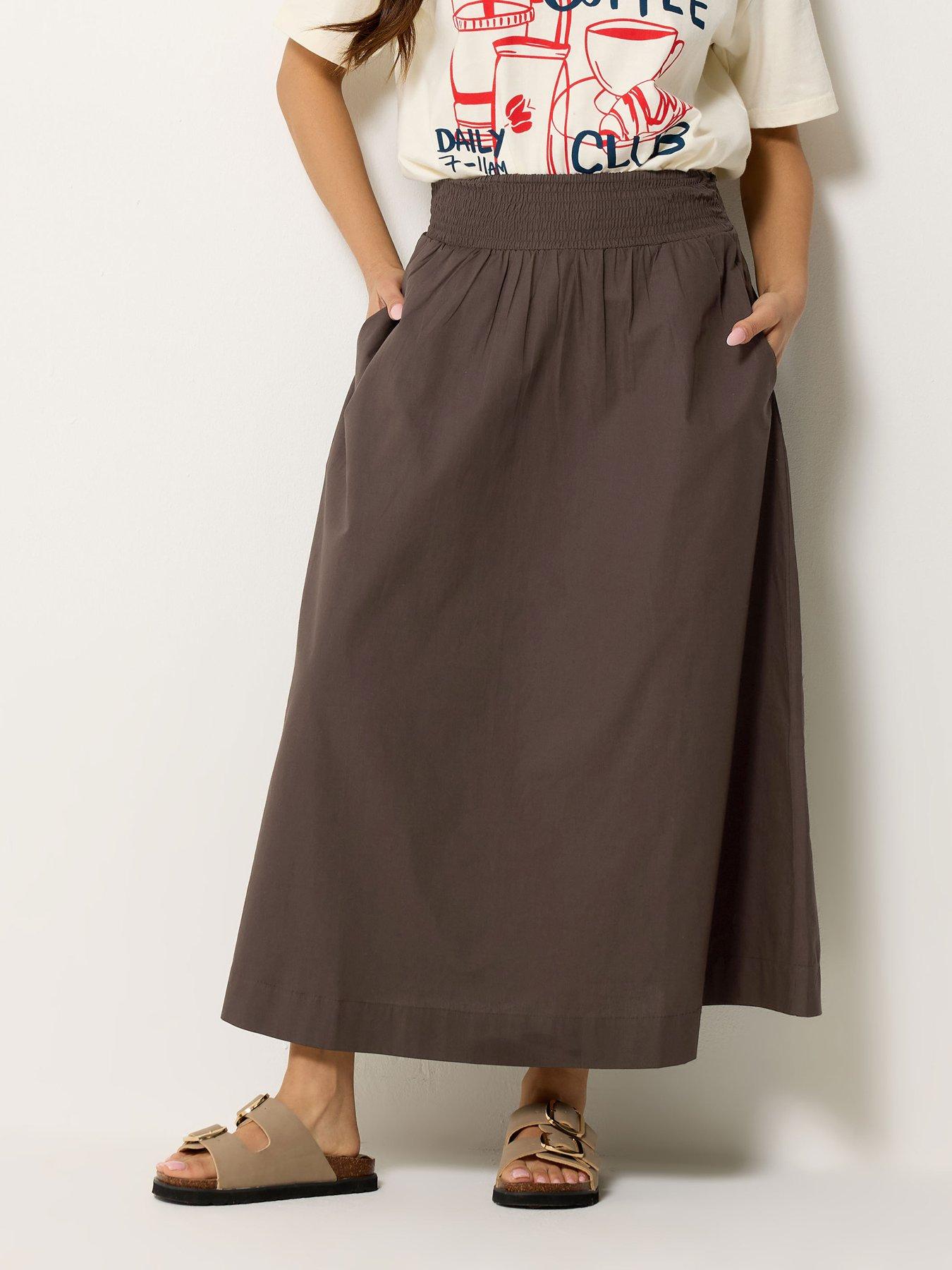 PixieGirl Petite Poplin Shirred Midi Skirt - Brown