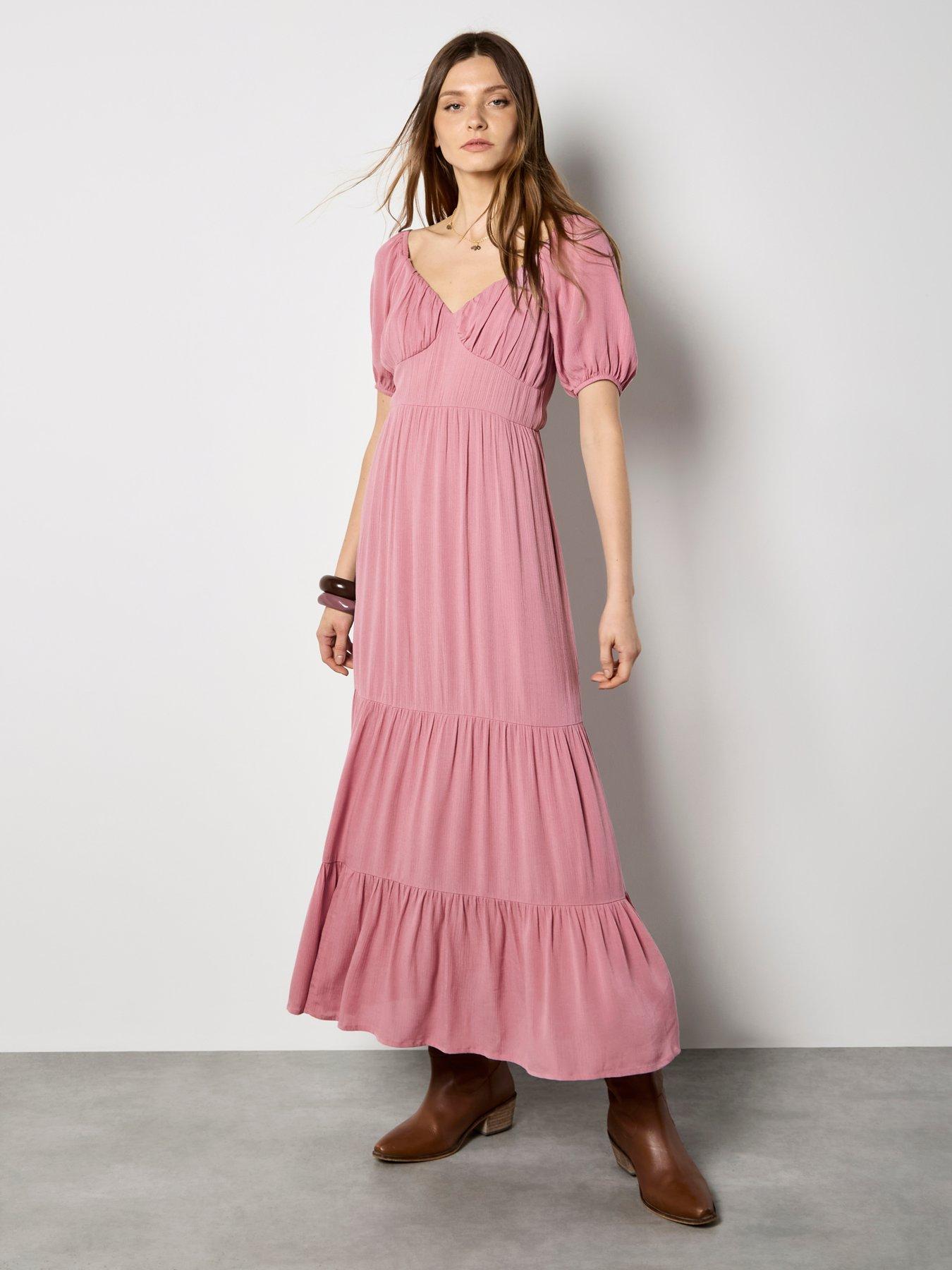 Apricot Crinkle Viscose Milkmaid Tiered Maxi Dress
