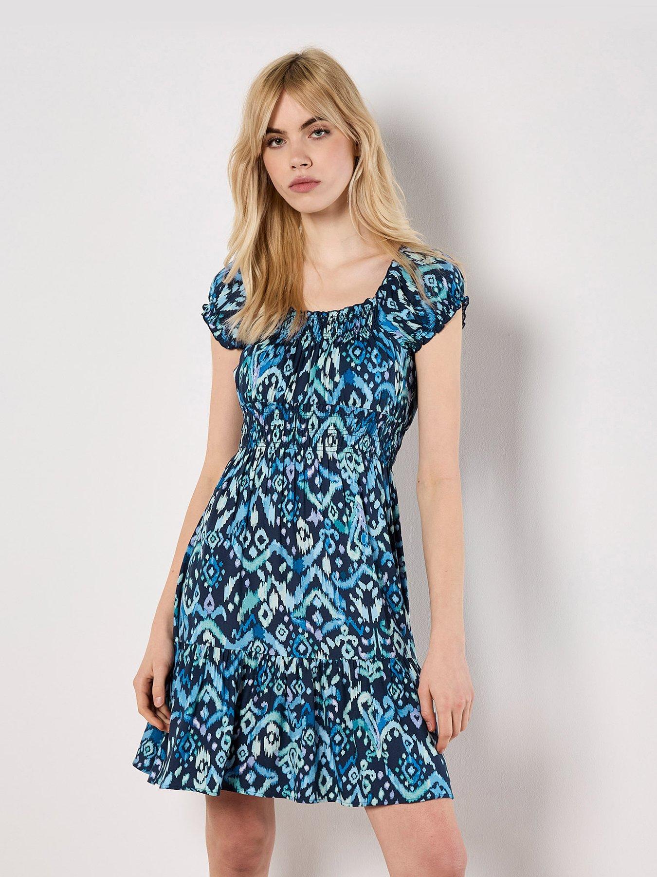 Apricot Tie Dye Ikat Milkmaid Tiered Drs - Blue