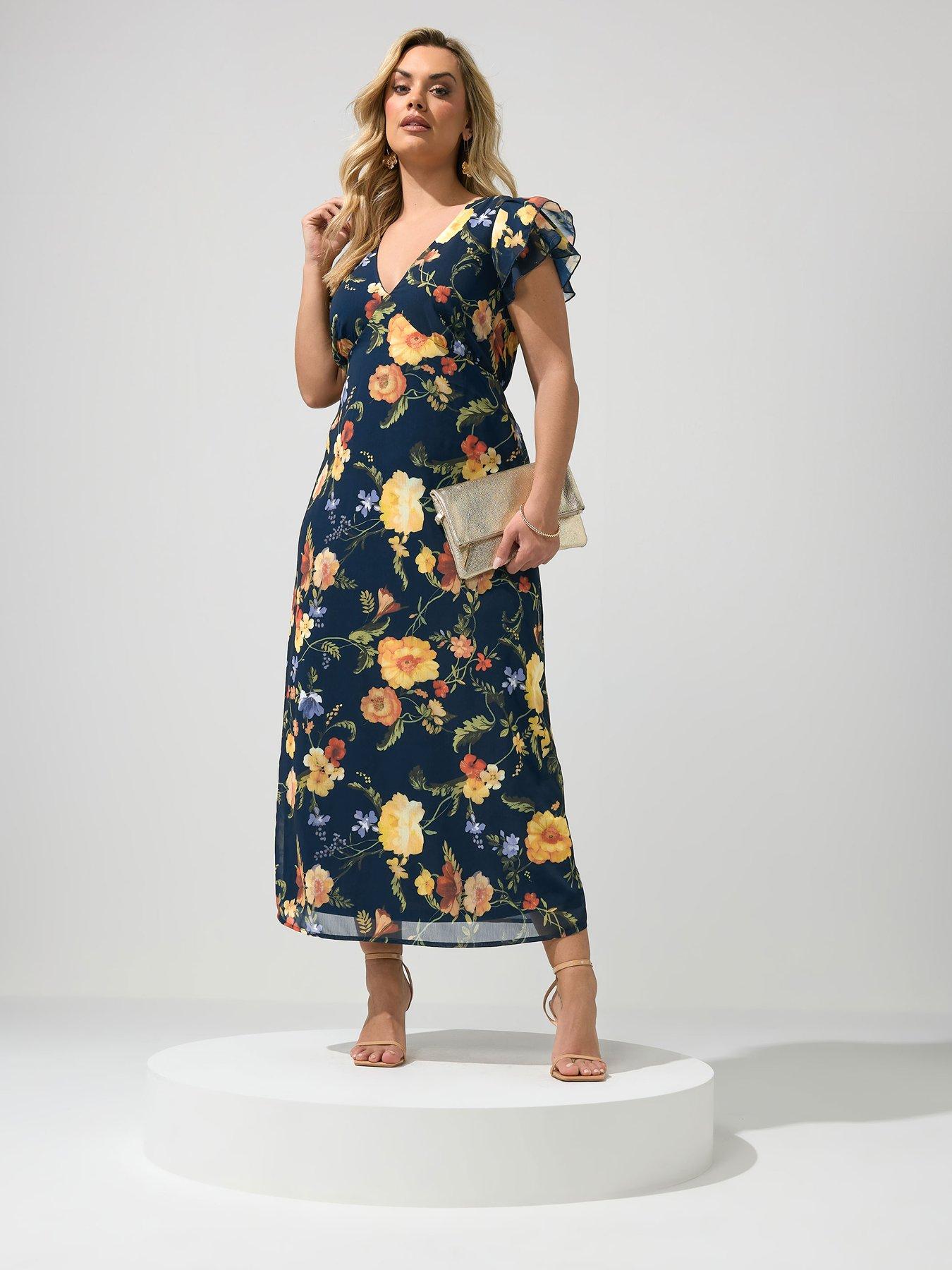 Yours Curve Floral Print Dress - Blue