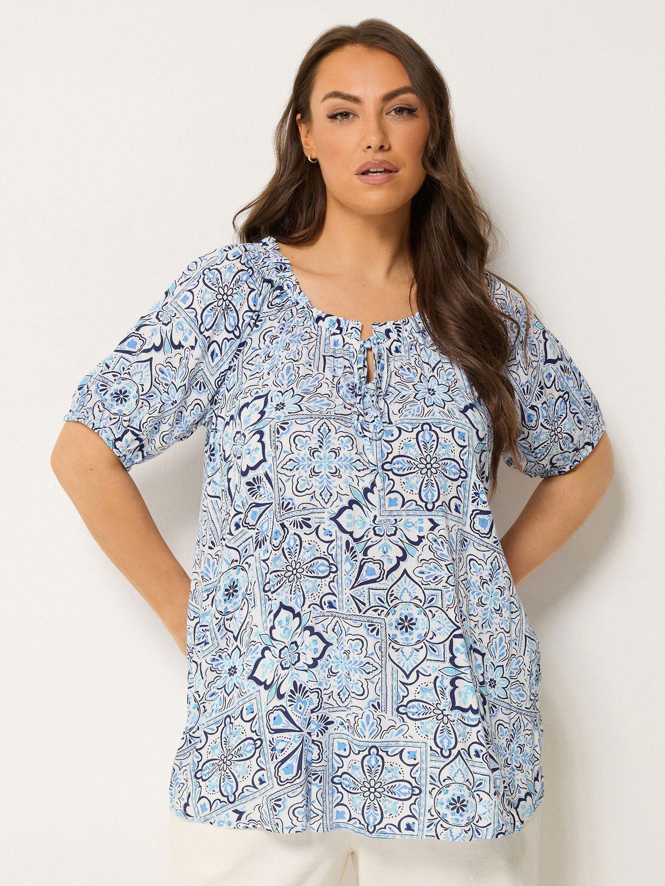 Yours Curve Tile Print Gypsy Bardot Top - Blue