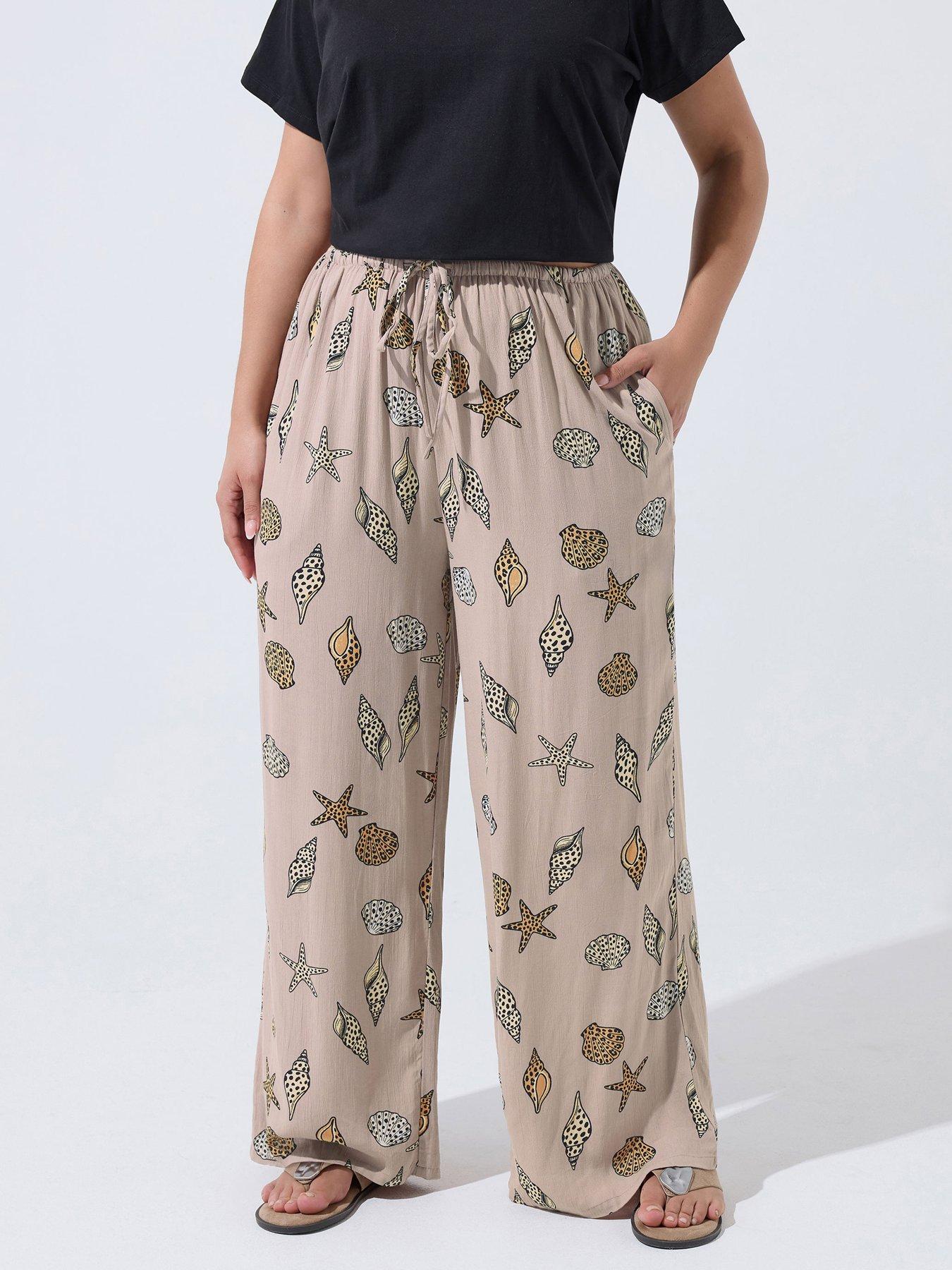 Yours Curve Crinkle Stripe Leopard Print Shell Detail Trousers - White