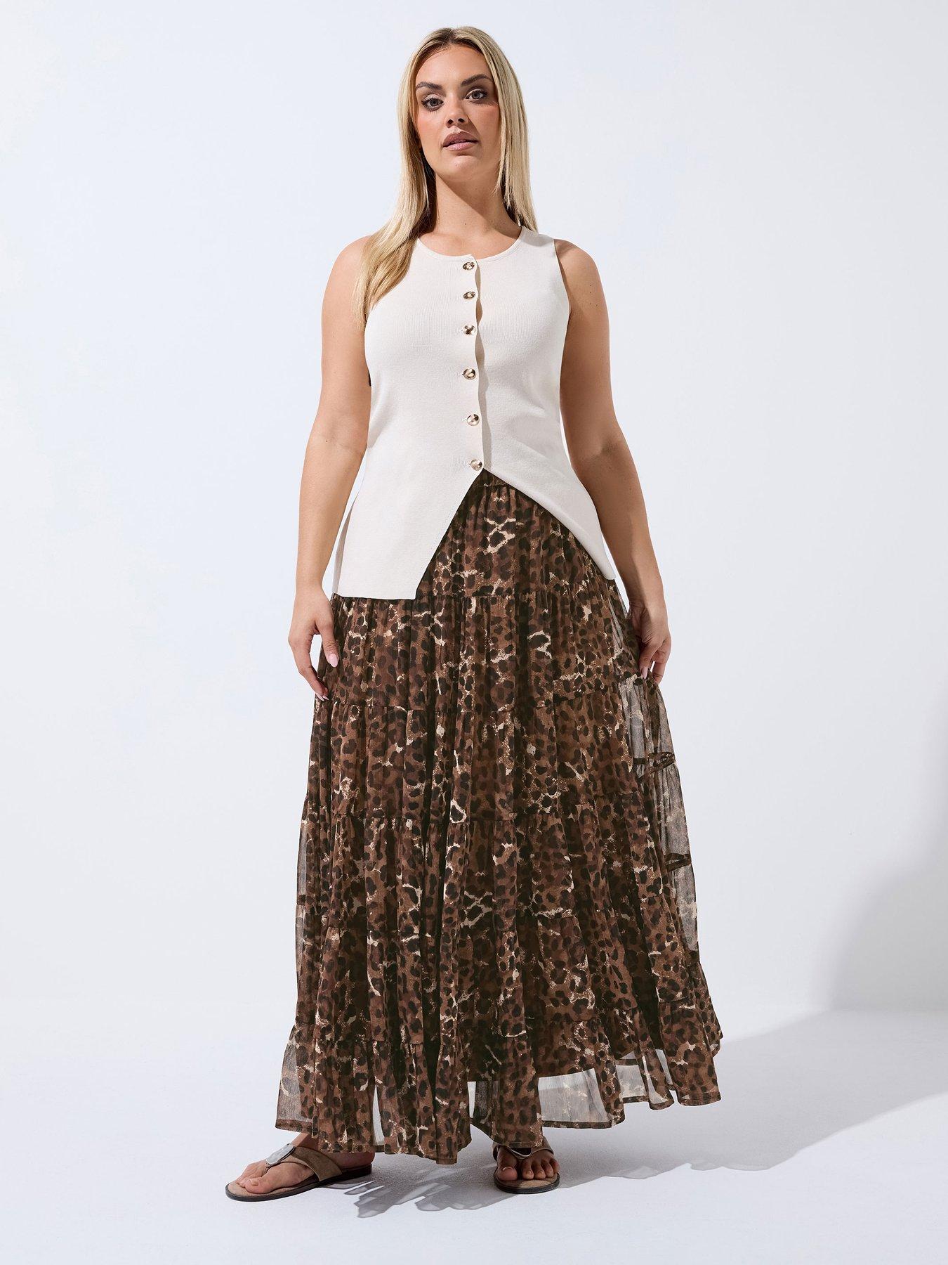 Yours Curve Leopard Print Chiffon Skirt - Brown