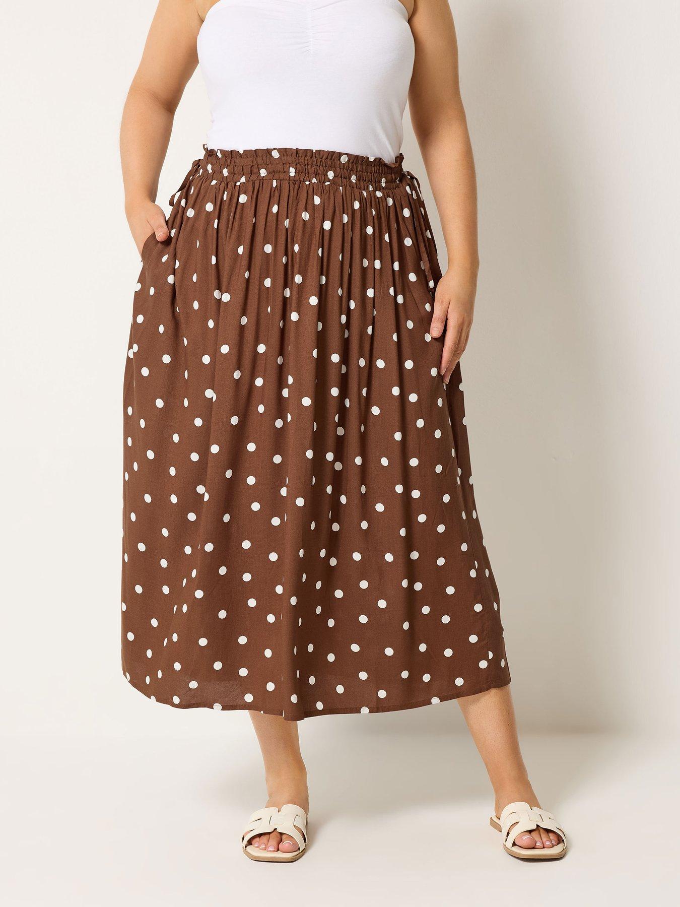 Yours Curve Polka Dot Skirt - Brown