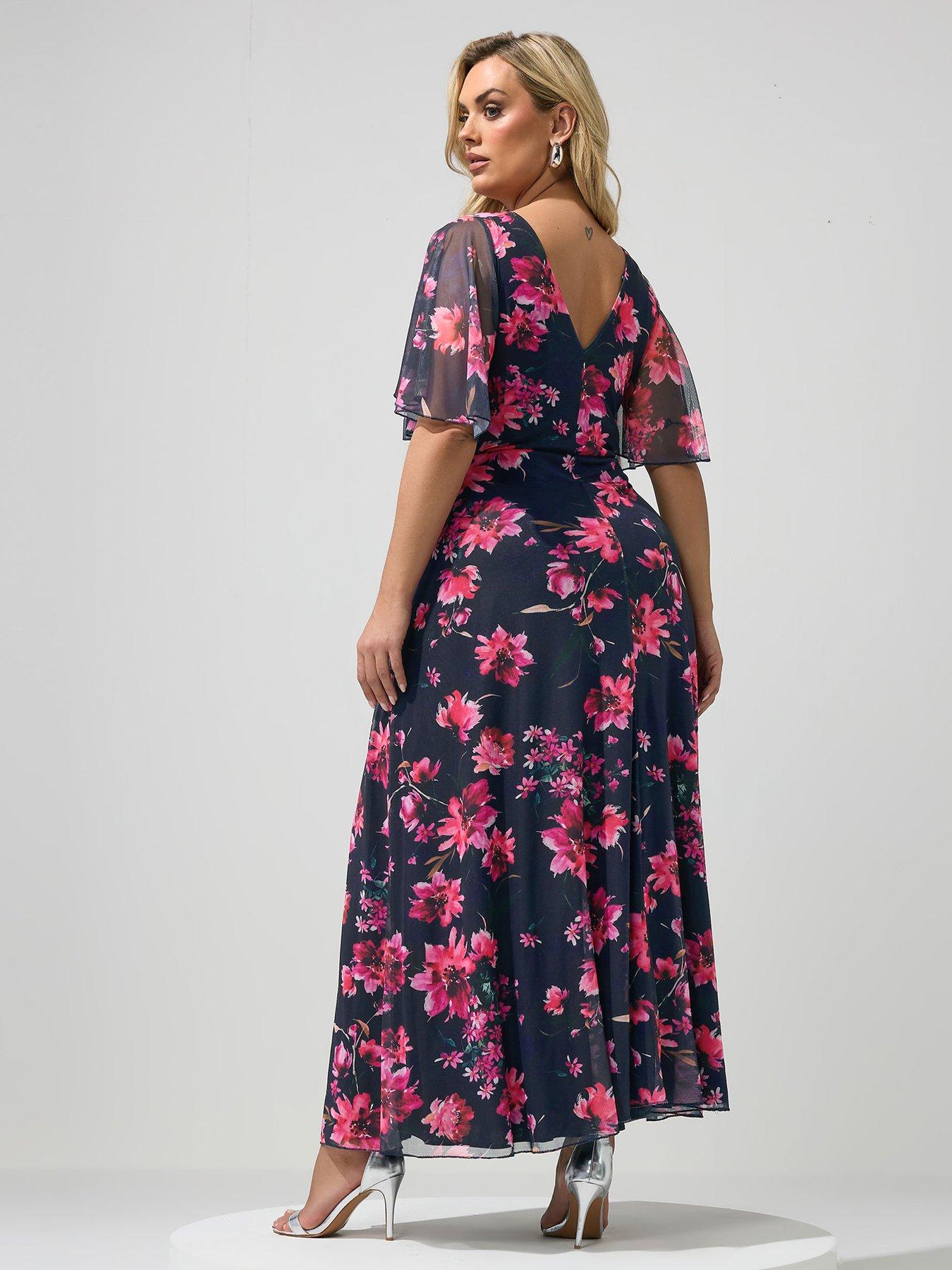 Image 2 of 4 of Yours Curve Floral Angel Sleeve Mesh Maxi Dress - Blue
