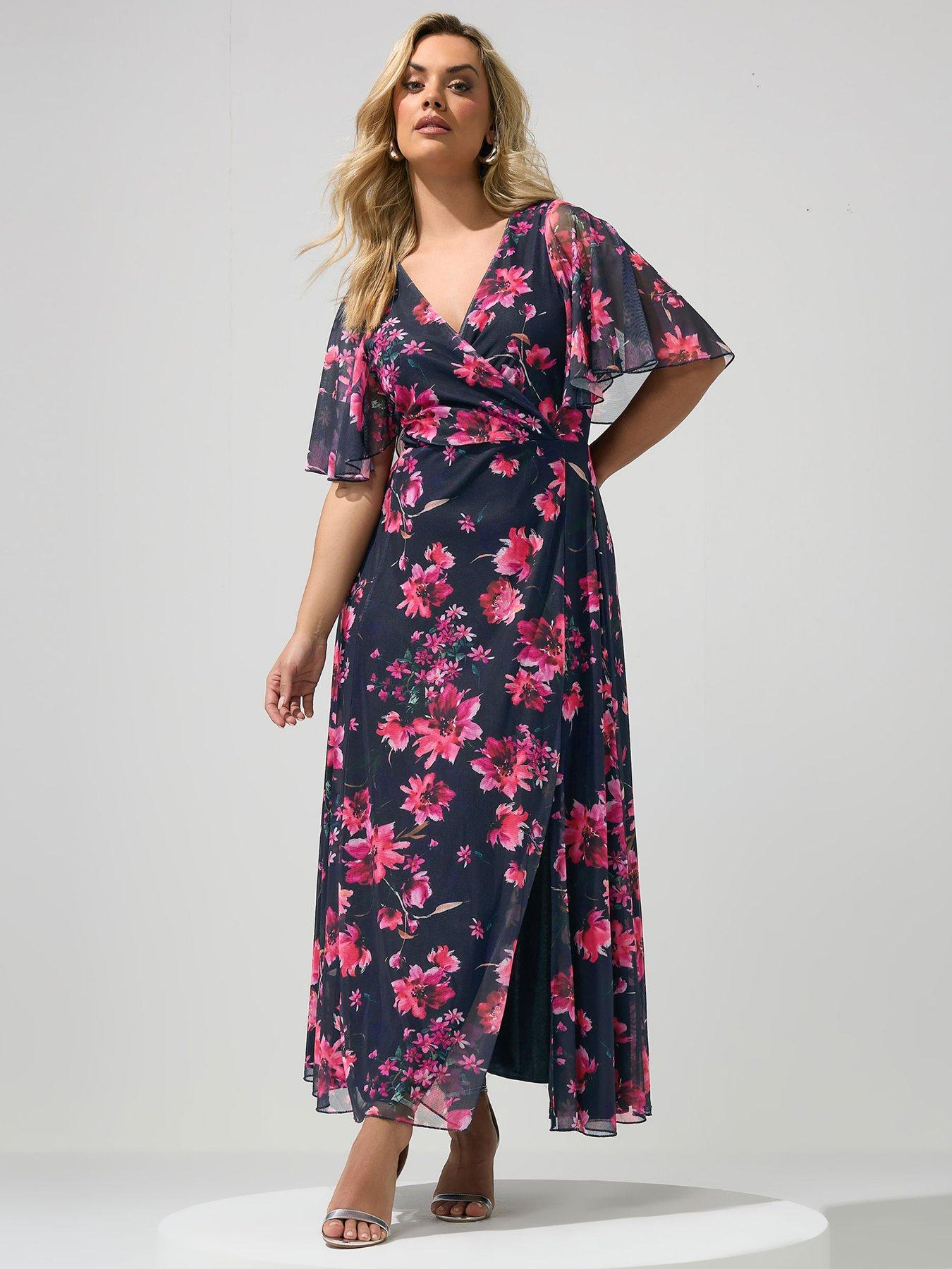 Image 3 of 4 of Yours Curve Floral Angel Sleeve Mesh Maxi Dress - Blue