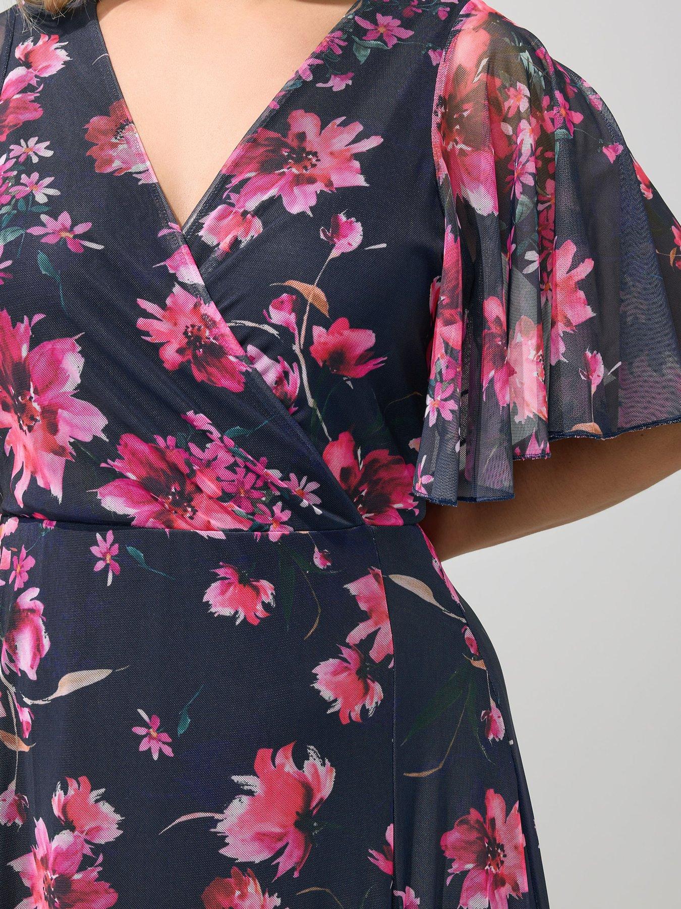 Image 4 of 4 of Yours Curve Floral Angel Sleeve Mesh Maxi Dress - Blue