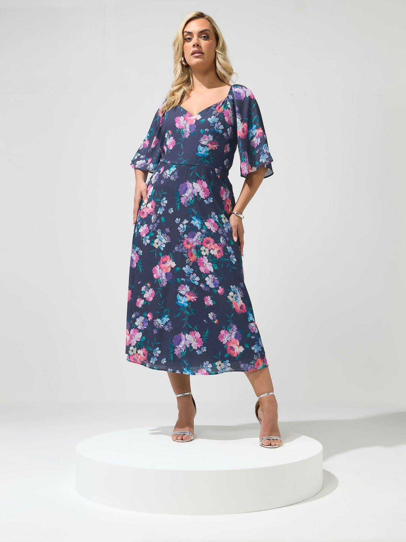 Yours Curve Floral V-Neck Dress - Blue