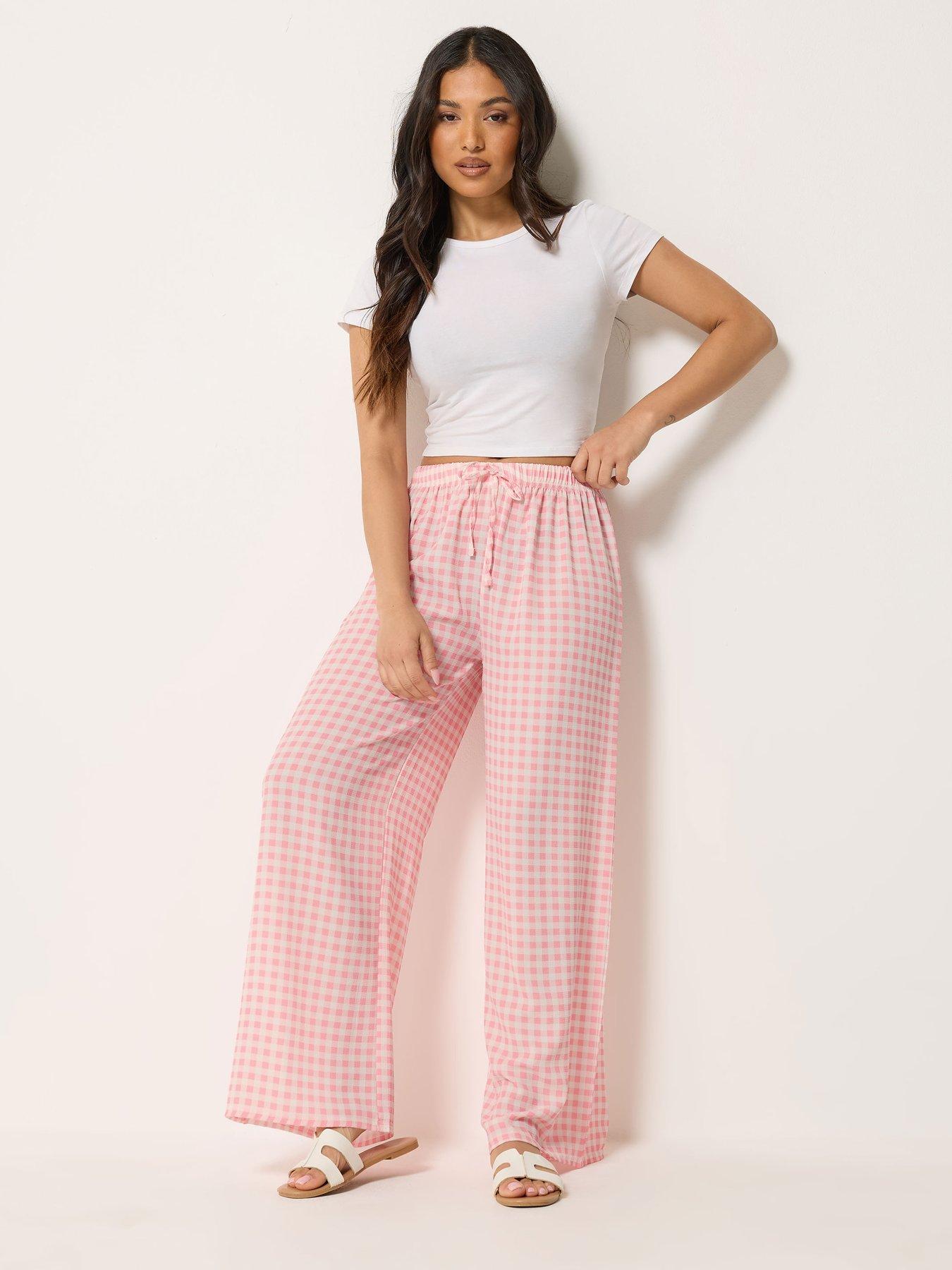 Image 3 of 4 of PixieGirl Petite Gingham Wide Leg Trousers - Pink