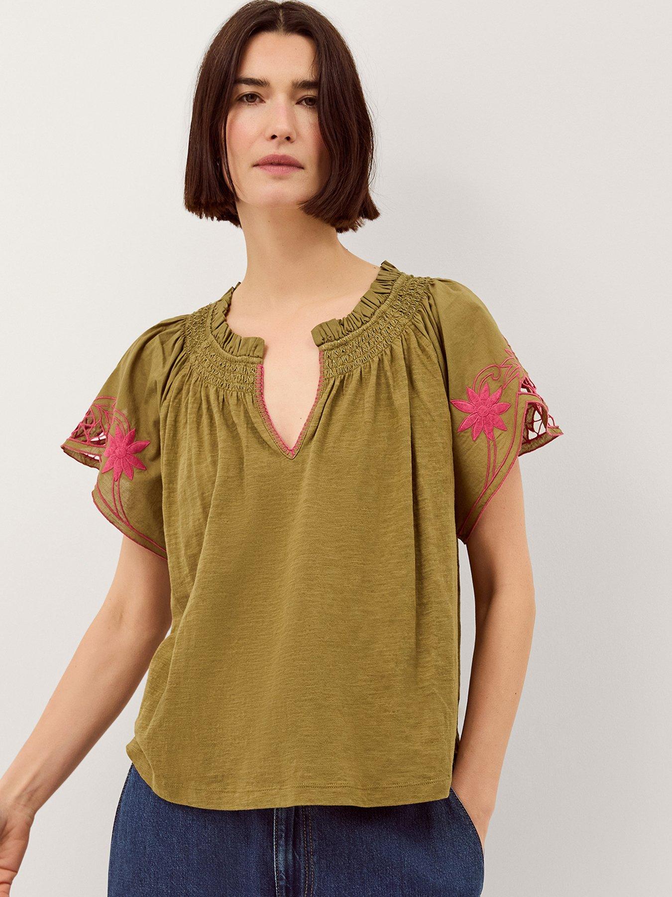 Monsoon Fiona Fabric Mix Top - Green