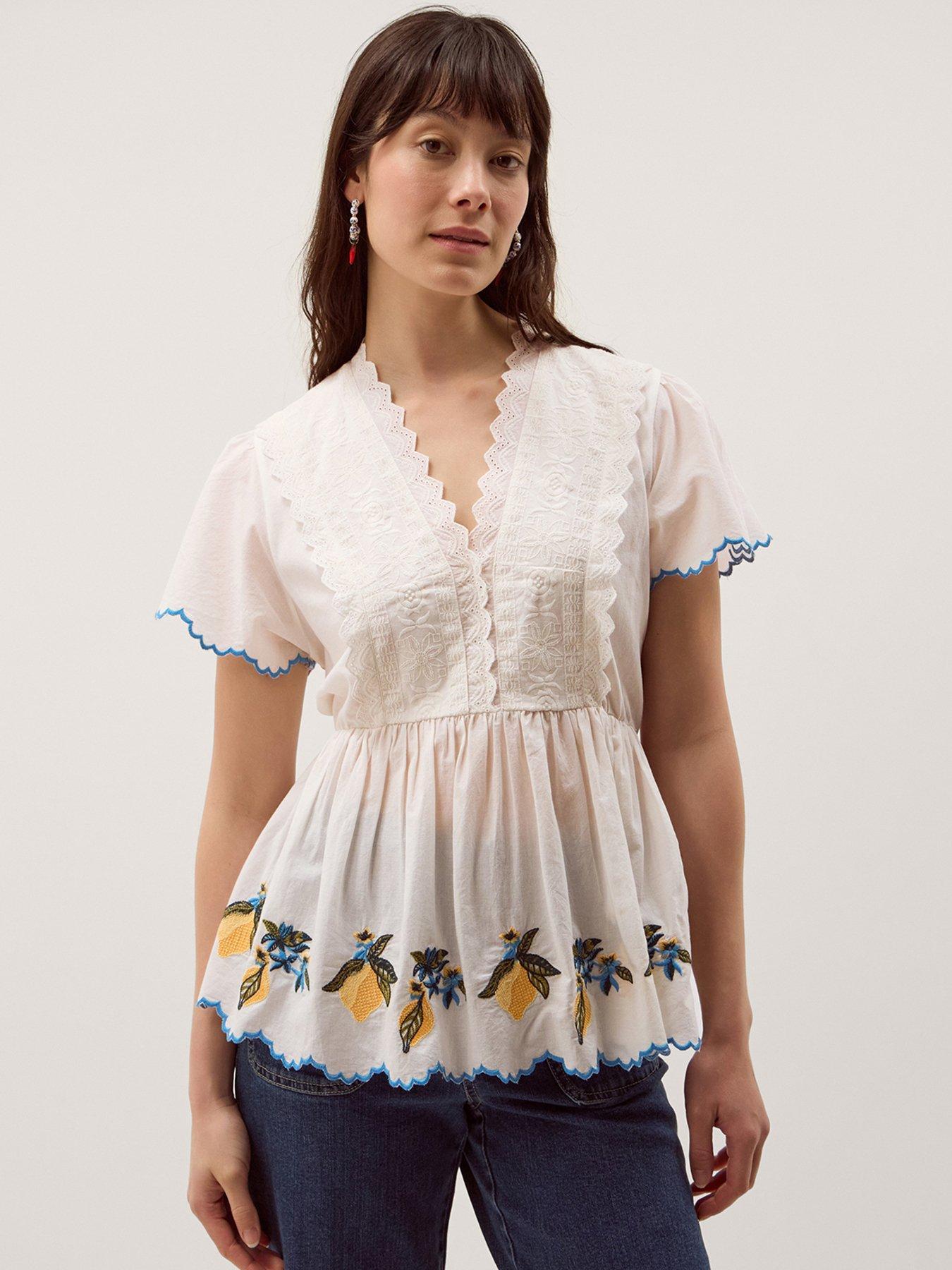 Monsoon Luna Lemon Embroidered Jersey Top - Cream