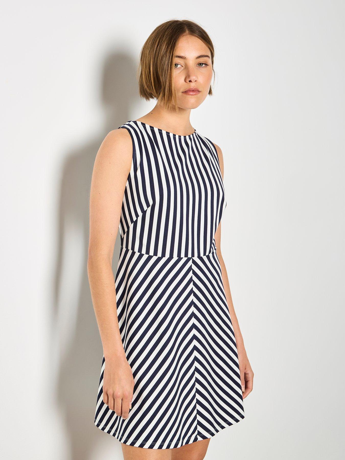 Apricot Striped Fit  &  Flare Dress - Blue