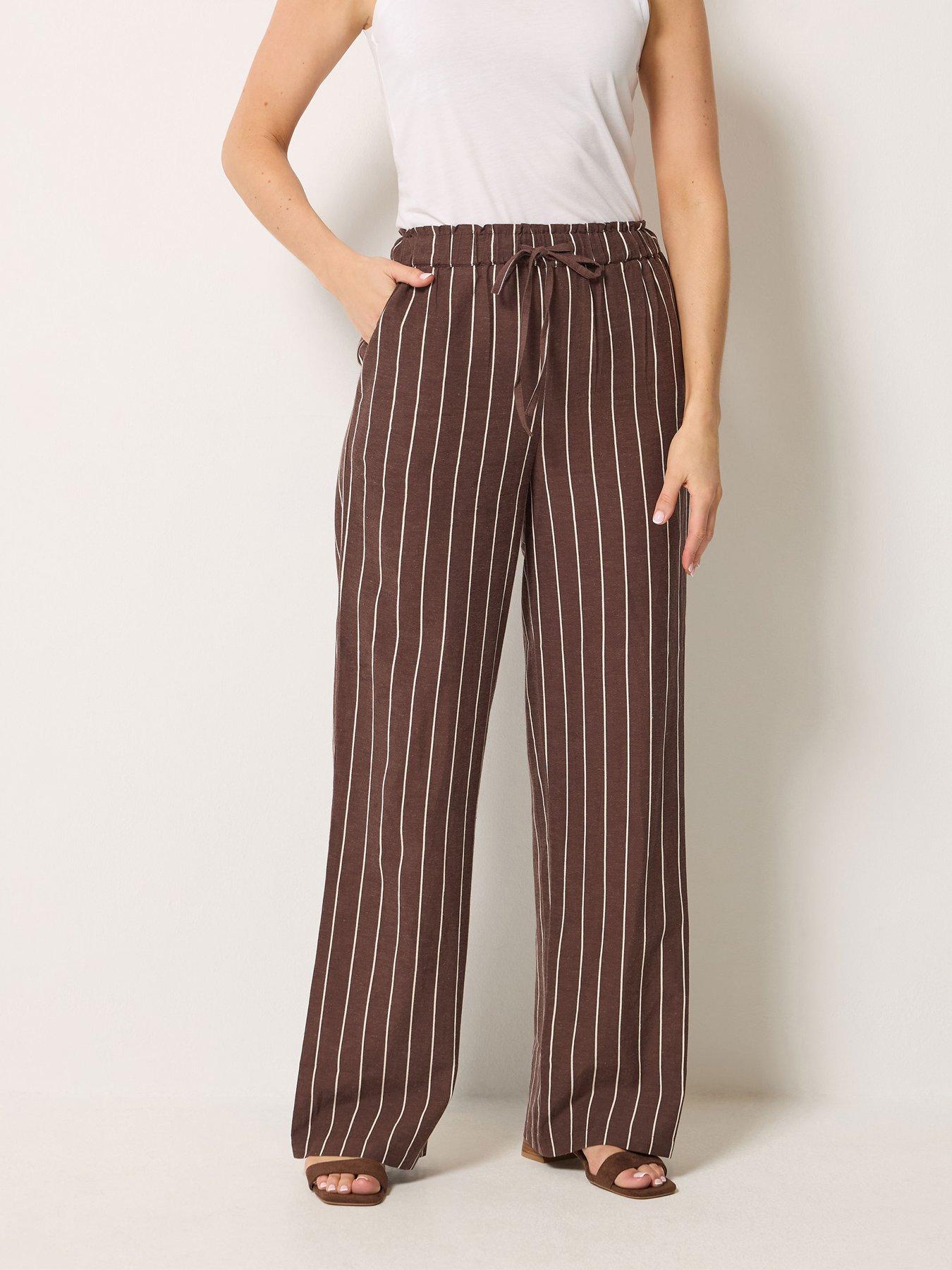Long Tall Sally Stripe Linen Wide Leg Trousers 34" - Brown