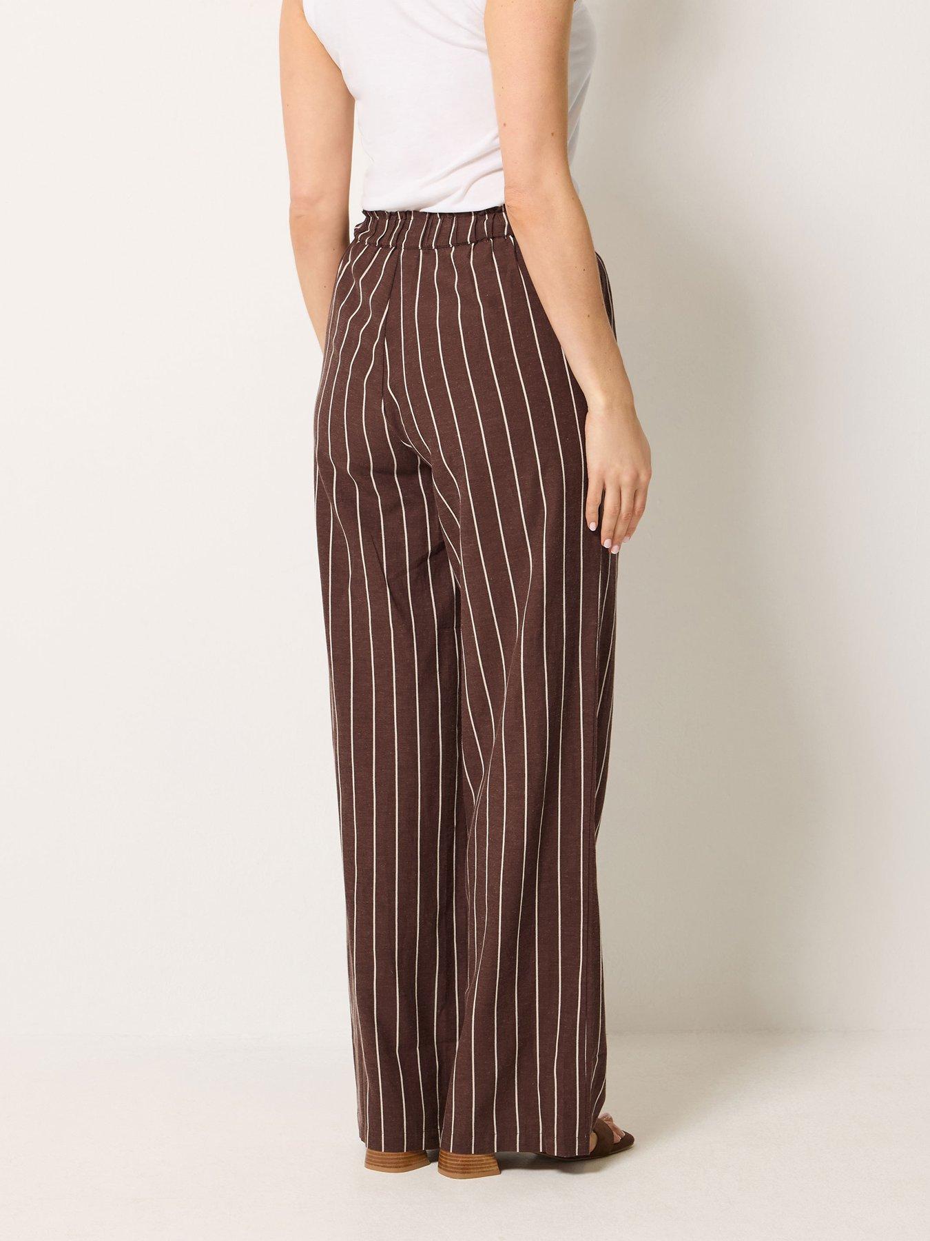 Image 2 of 4 of Long Tall Sally Stripe Linen Wide Leg Trousers 36" - Brown