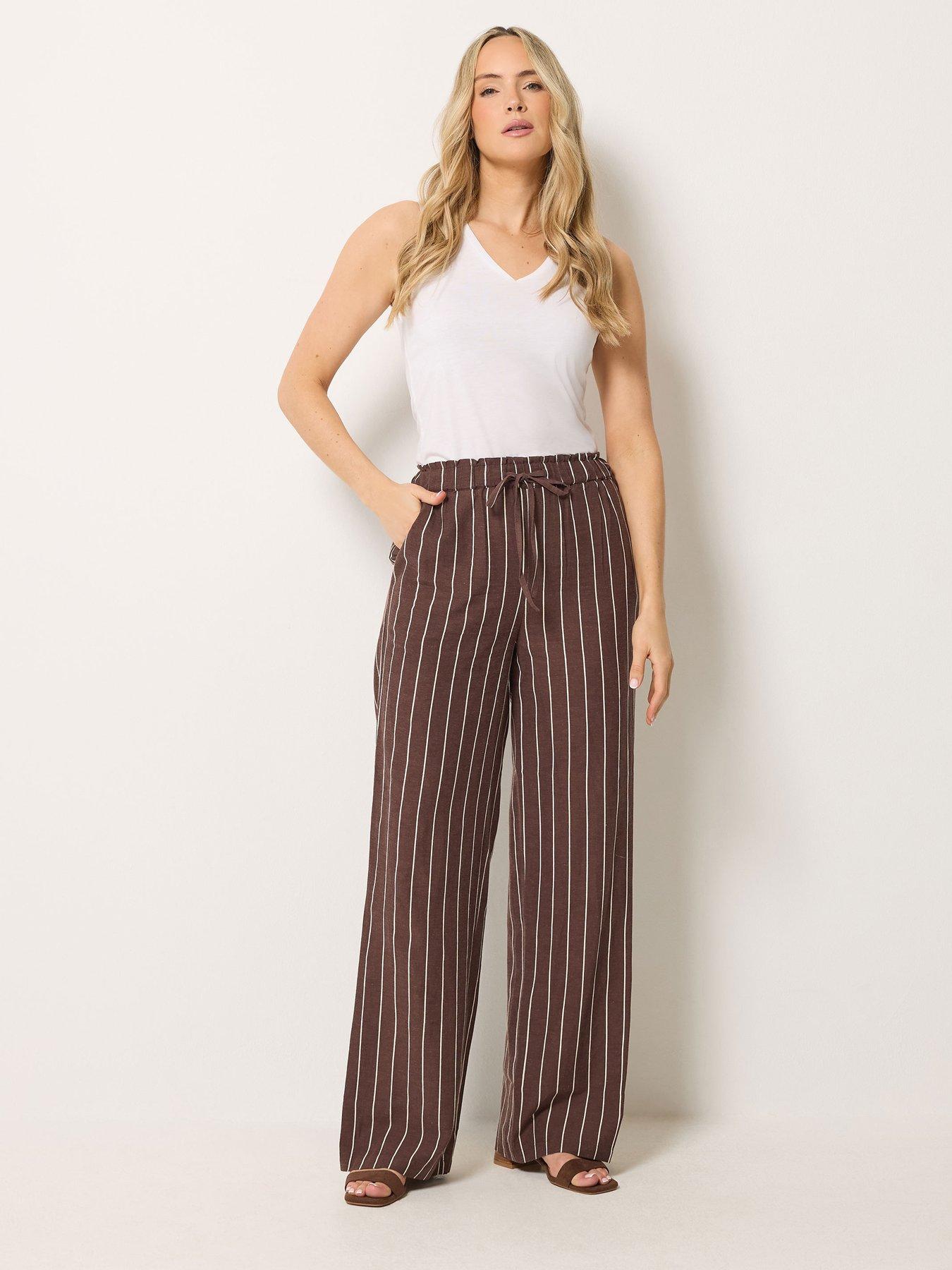 Image 3 of 4 of Long Tall Sally Stripe Linen Wide Leg Trousers 36" - Brown
