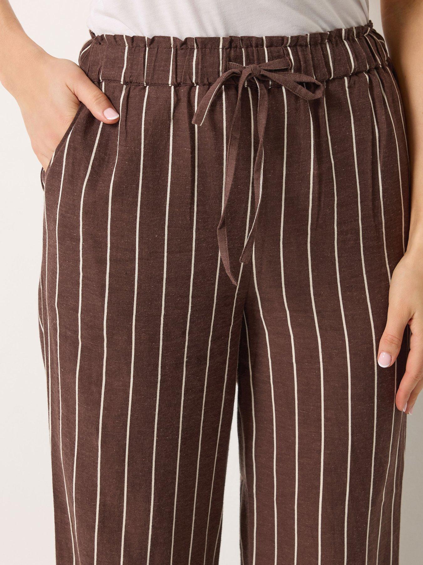 Image 4 of 4 of Long Tall Sally Stripe Linen Wide Leg Trousers 36" - Brown