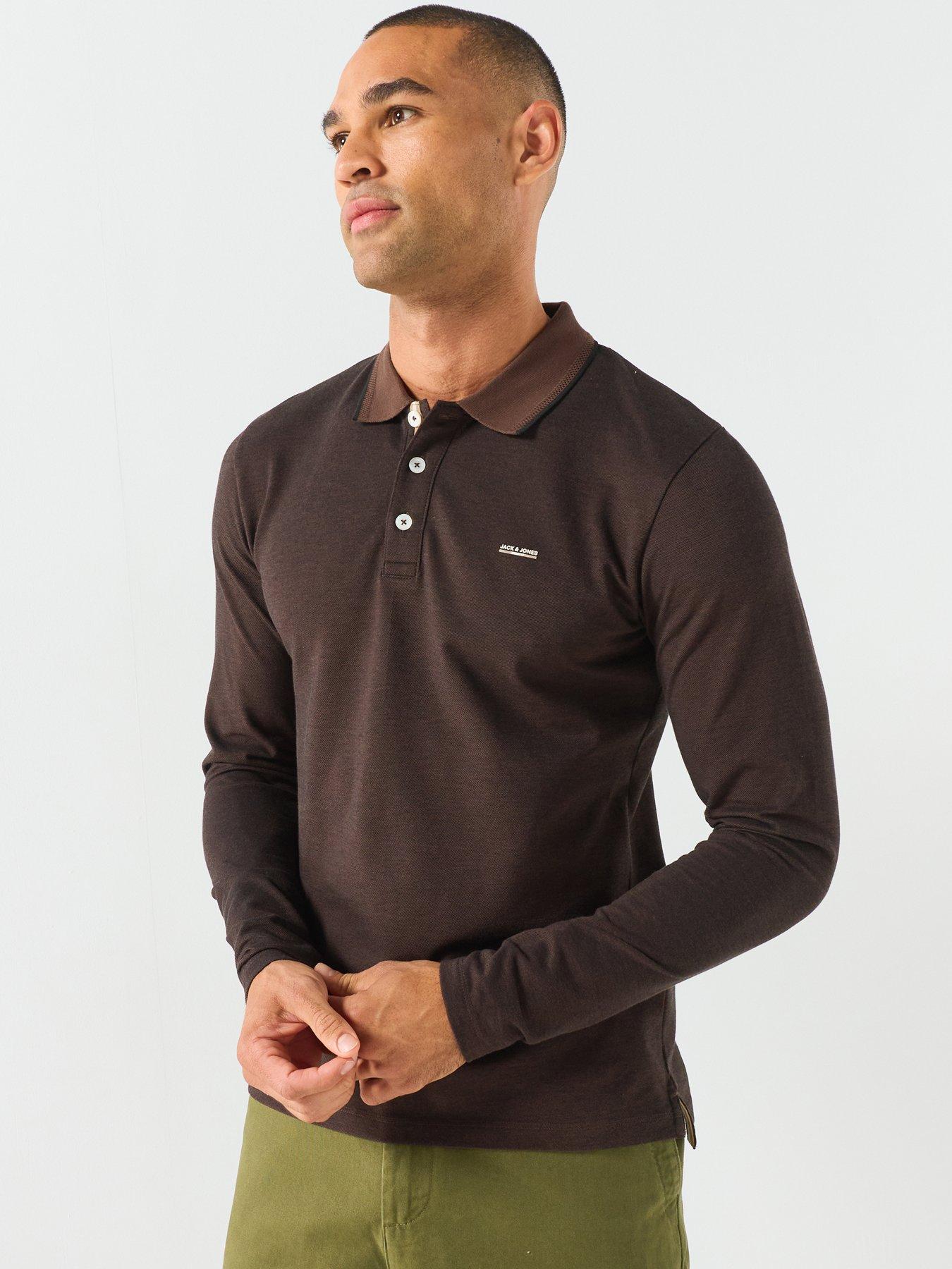 Image 1 of 5 of Jack & Jones Mens Long Sleeve Cotton Blend Polo Shirt - Hot Fudge