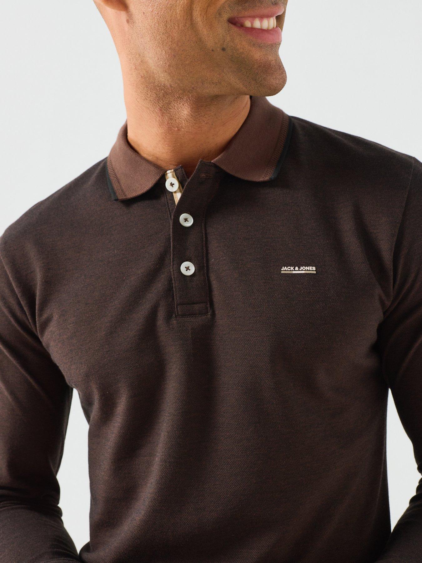 Image 4 of 5 of Jack & Jones Mens Long Sleeve Cotton Blend Polo Shirt - Hot Fudge