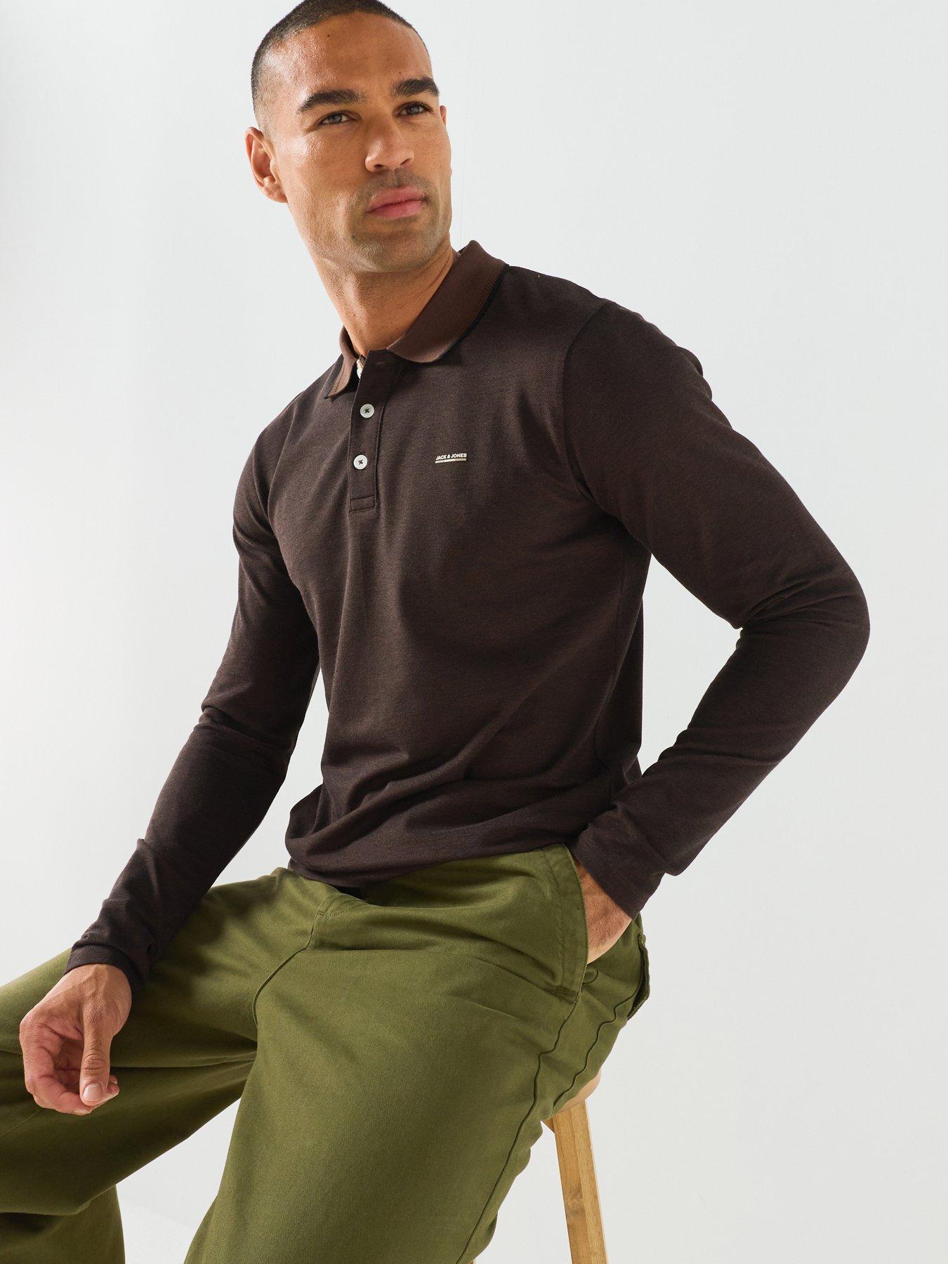 Image 5 of 5 of Jack & Jones Mens Long Sleeve Cotton Blend Polo Shirt - Hot Fudge