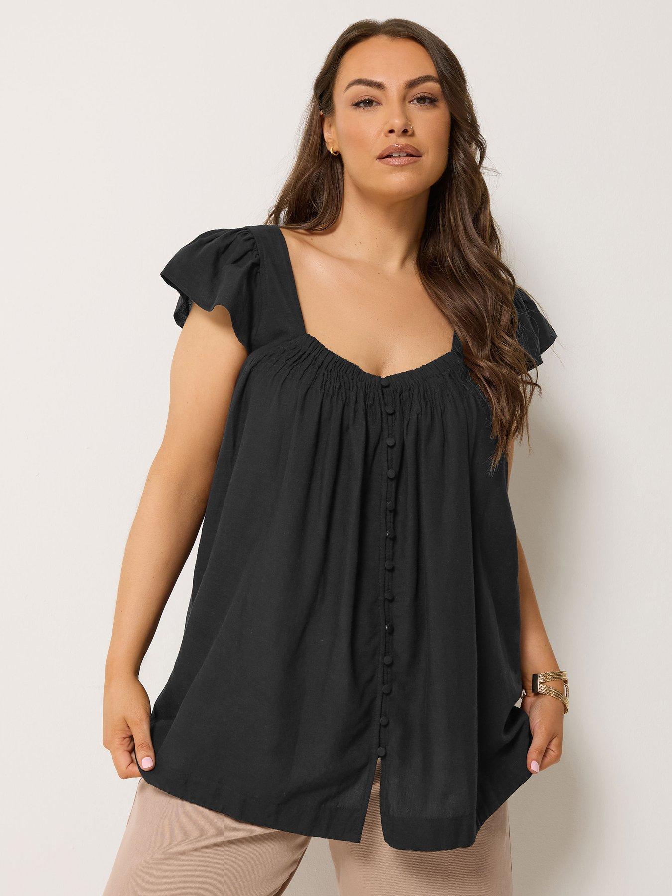 Yours Curve Linen Cap Sleeve Top - Black