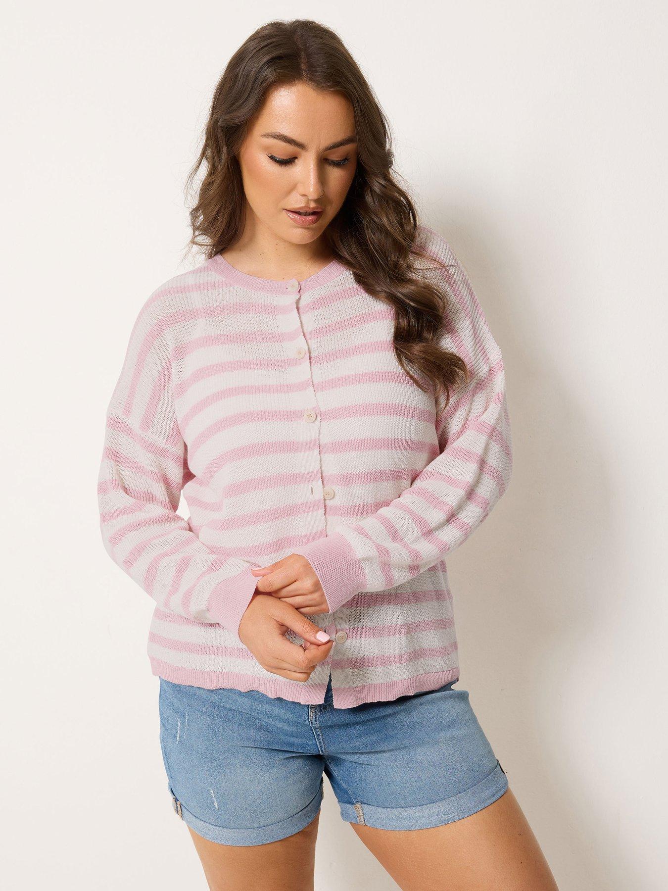 Yours Curve Stripe Print Crew Cardigan - Pink