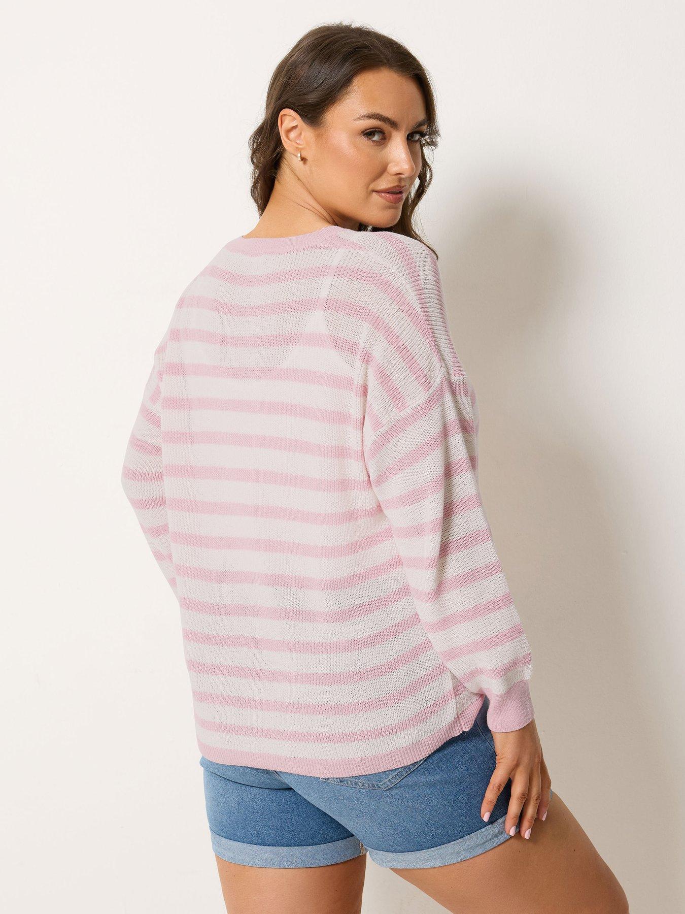 Image 2 of 4 of Yours Curve Stripe Print Crew Cardigan - Pink