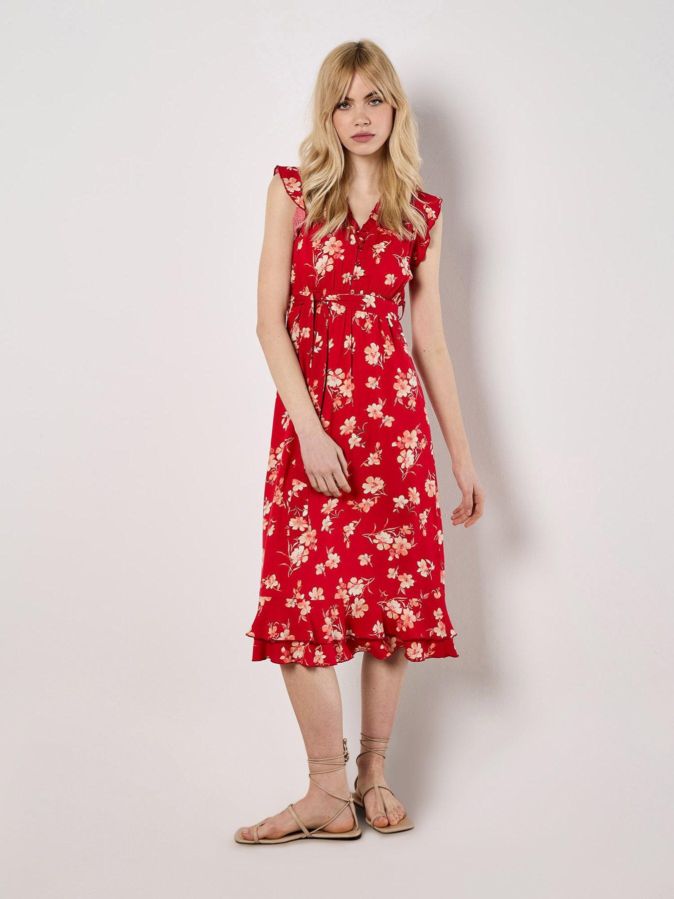 Apricot Ditsy Floral Button Down Midi Dress - Red