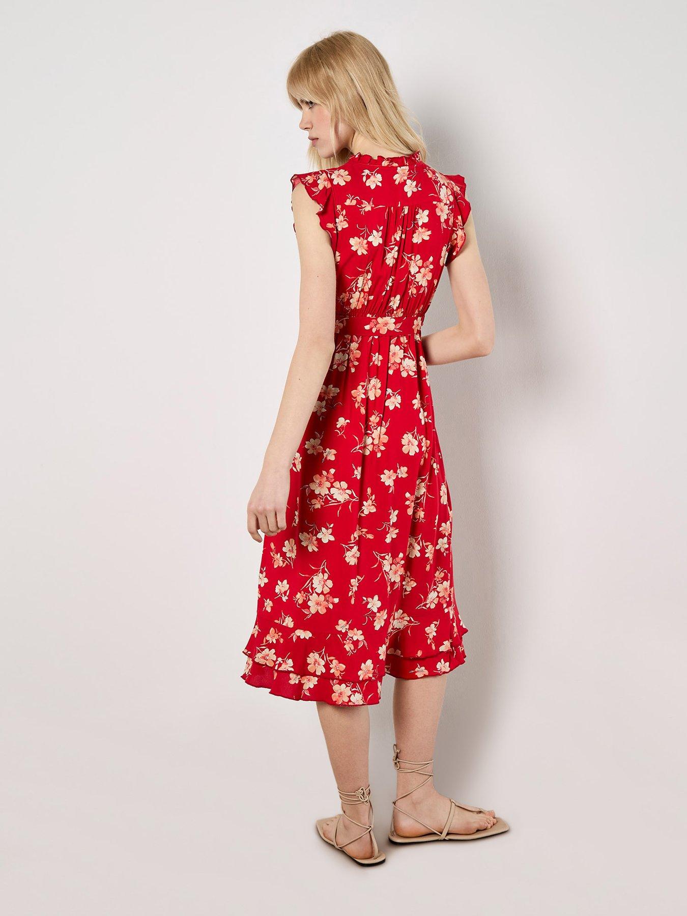 Image 2 of 4 of Apricot Ditsy Floral Button Down Midi Dress - Red