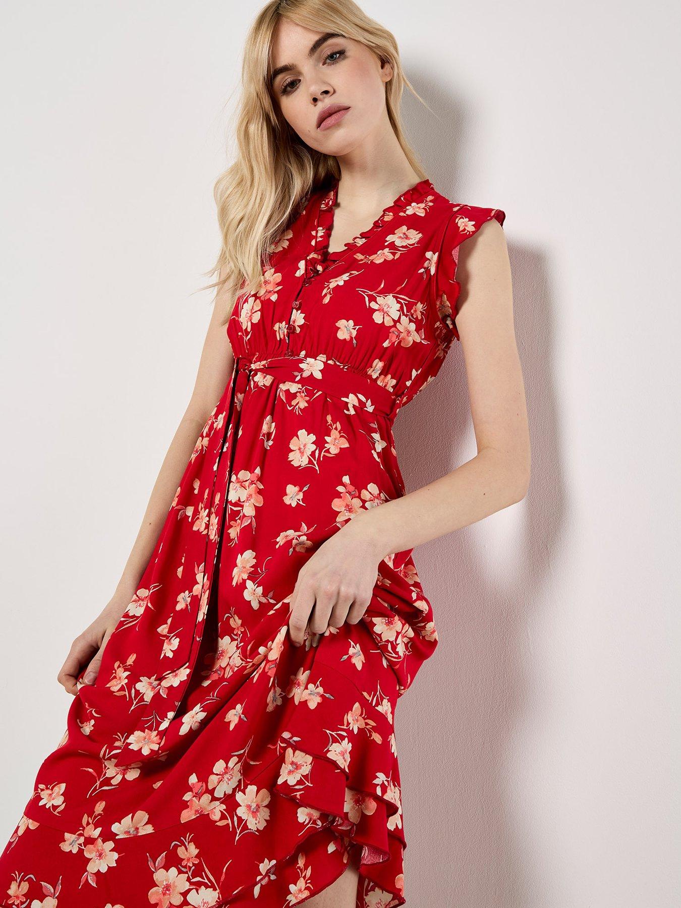 Image 3 of 4 of Apricot Ditsy Floral Button Down Midi Dress - Red