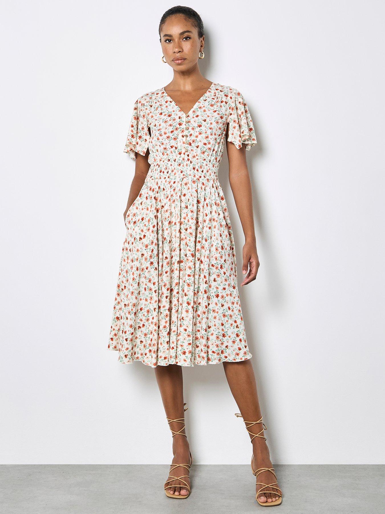 Apricot Painterly Floral Ditsy In Coconut Button Angel Sleeve Dress