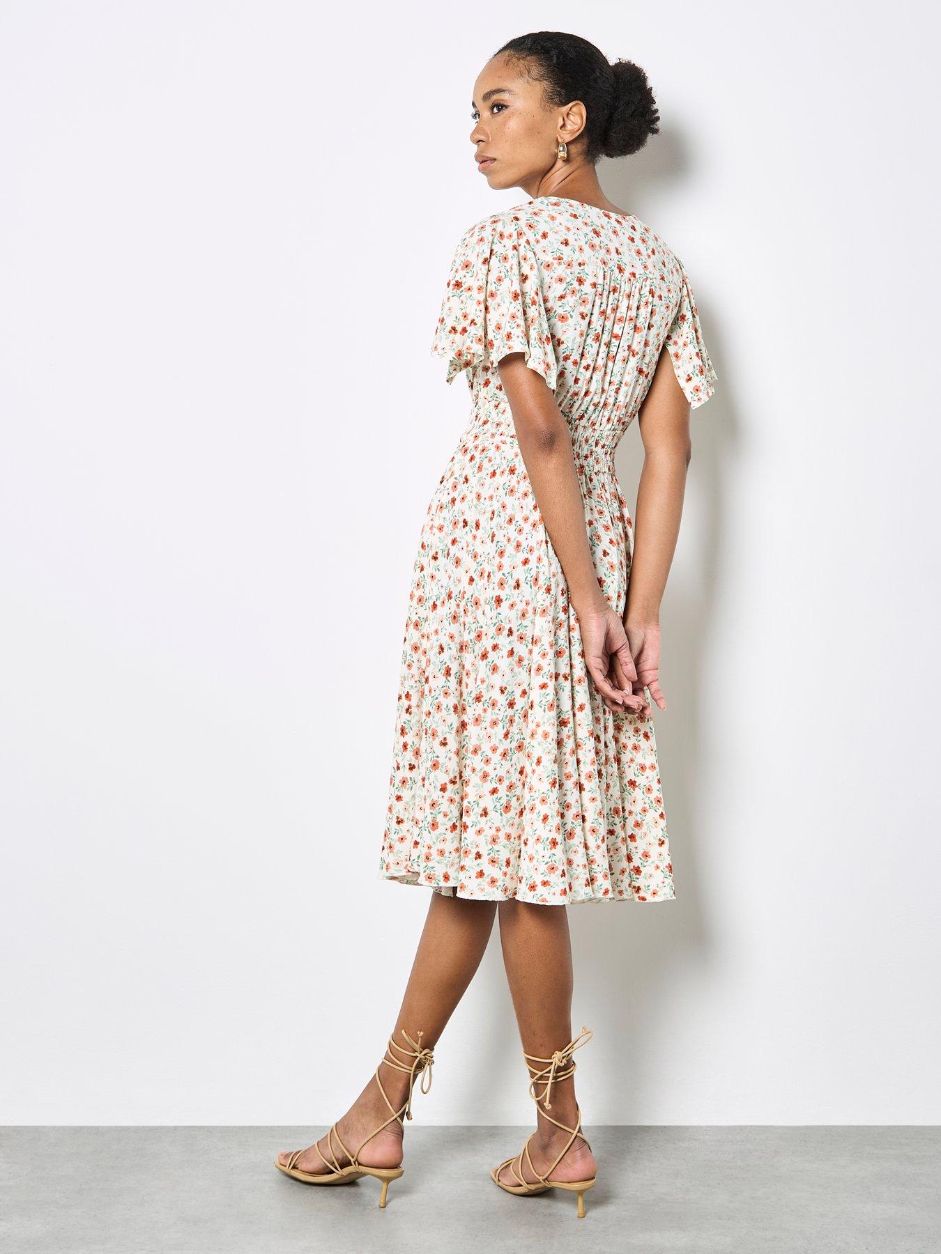 Image 2 of 5 of Apricot Painterly Floral Ditsy In Coconut Button Angel Sleeve Dress - Cream