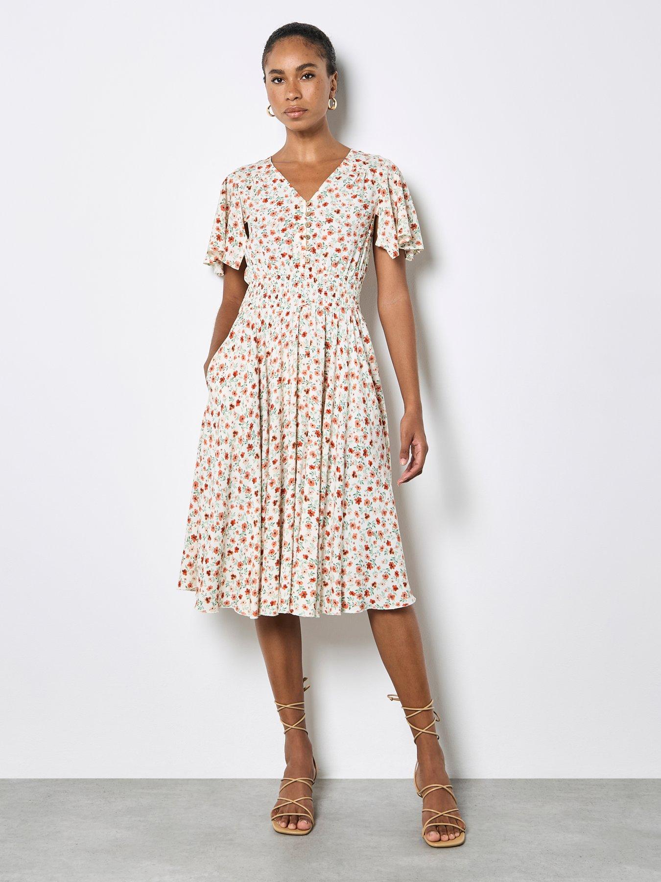 Image 3 of 5 of Apricot Painterly Floral Ditsy In Coconut Button Angel Sleeve Dress - Cream