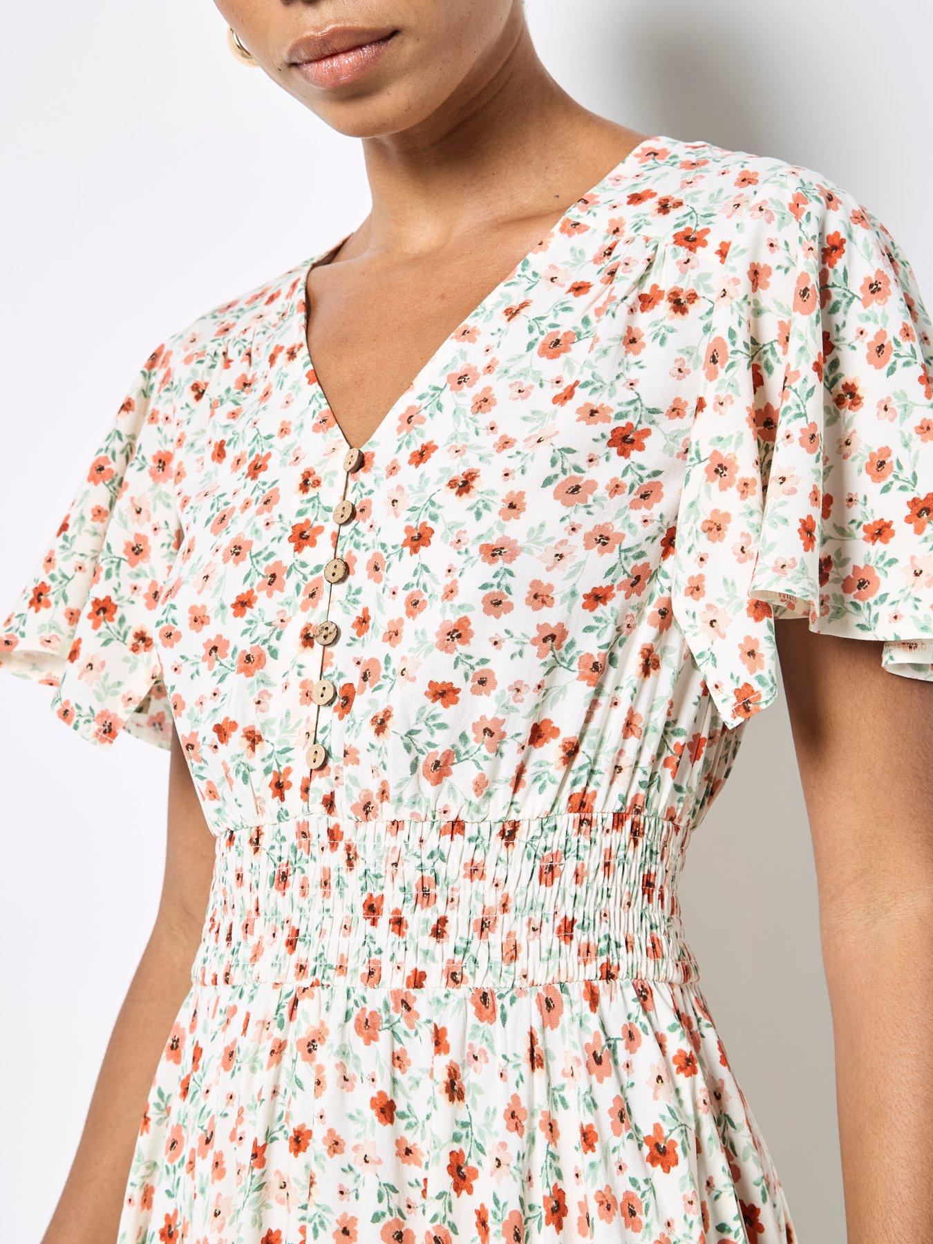 Image 4 of 5 of Apricot Painterly Floral Ditsy In Coconut Button Angel Sleeve Dress - Cream