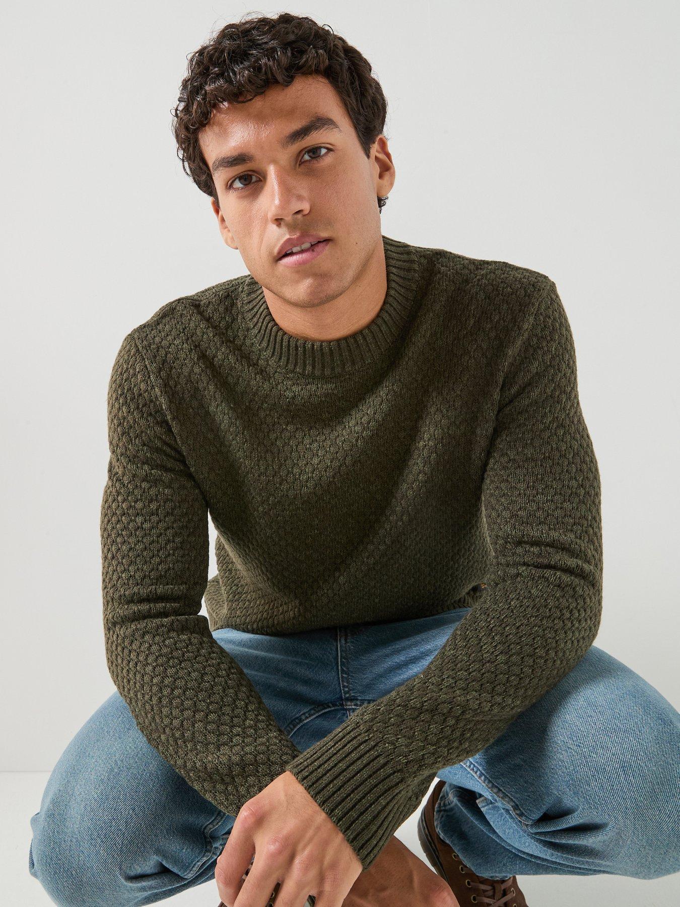 Jack & Jones Mens Blake Textured Crew Neck Ribbed Jumper - Green in Rosin