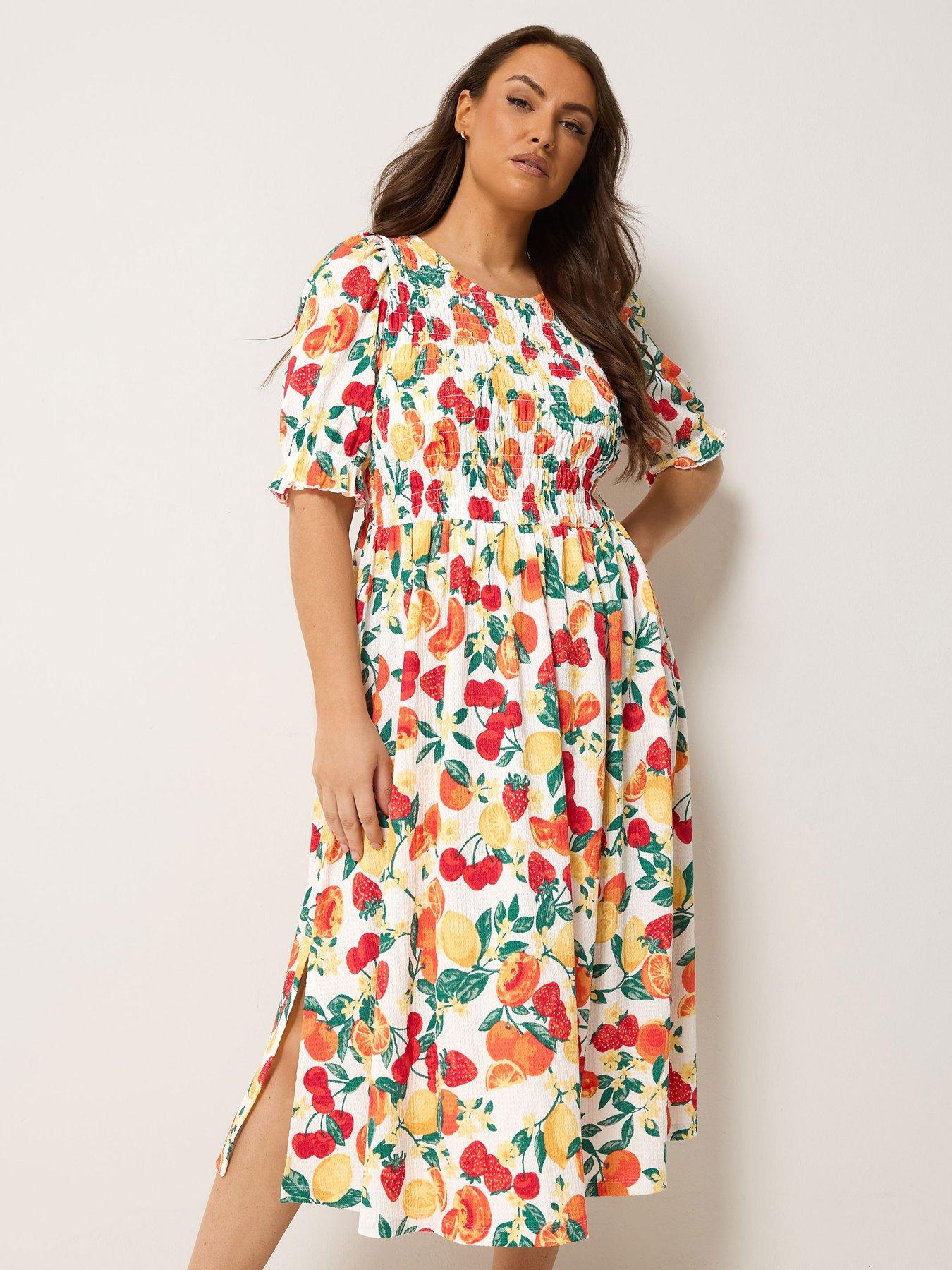 Yours Curve Shirred Puff Sleeve Dress - Orange
