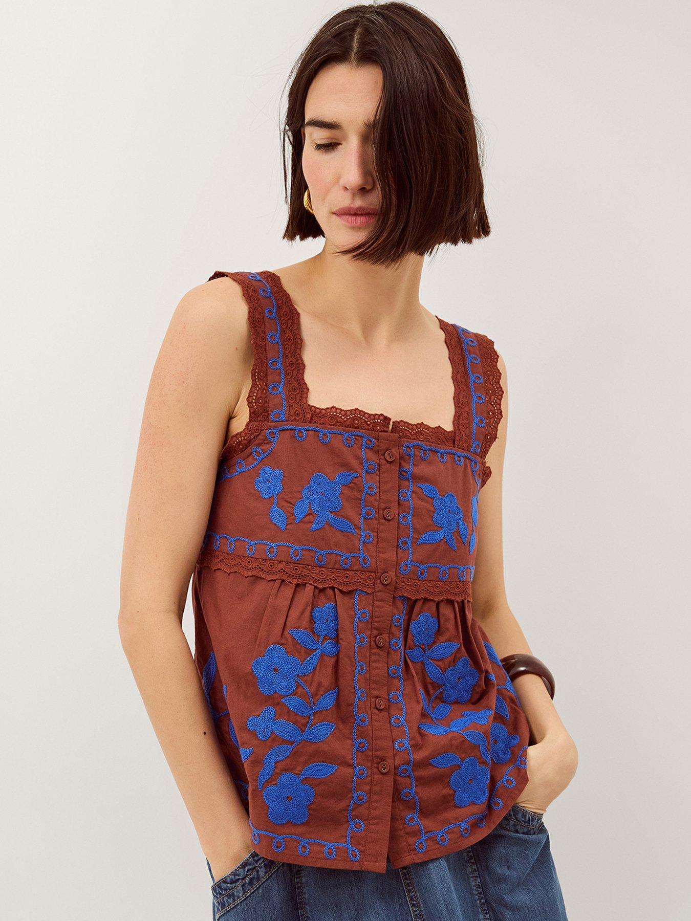 Image 1 of 4 of Monsoon Madison Embroidered Cami Top - Brown