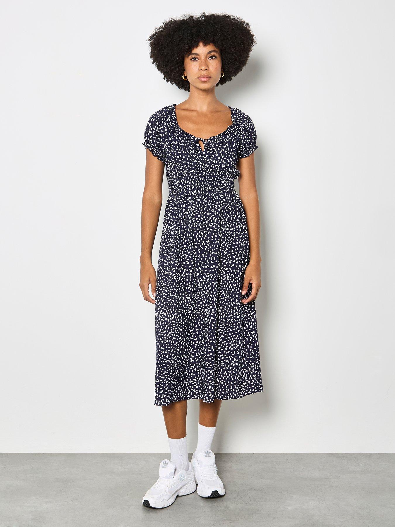 Image 1 of 4 of Apricot Milkmaid Midi Spot Printed Dress
