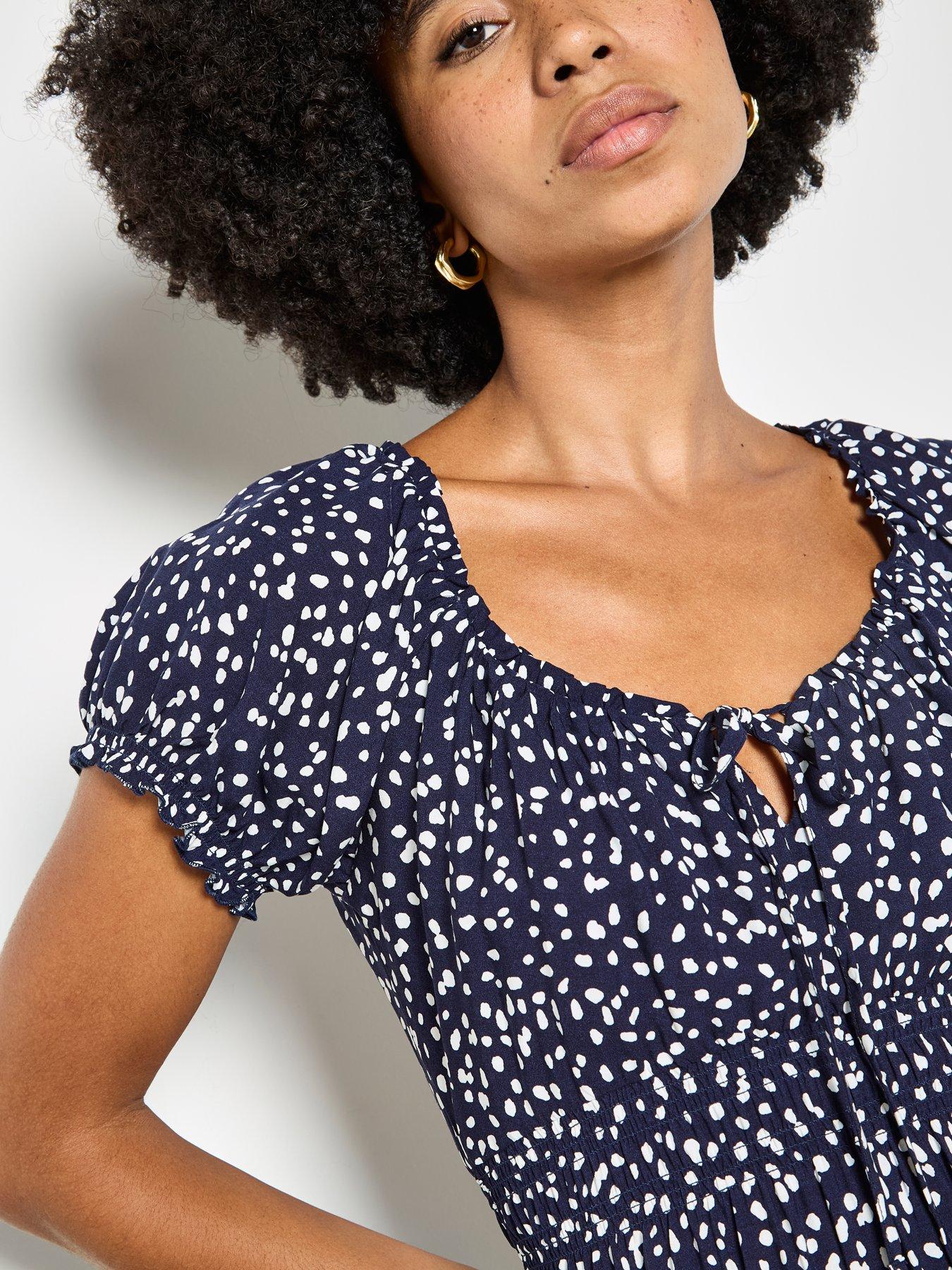 Image 4 of 4 of Apricot Milkmaid Midi Spot Printed Dress