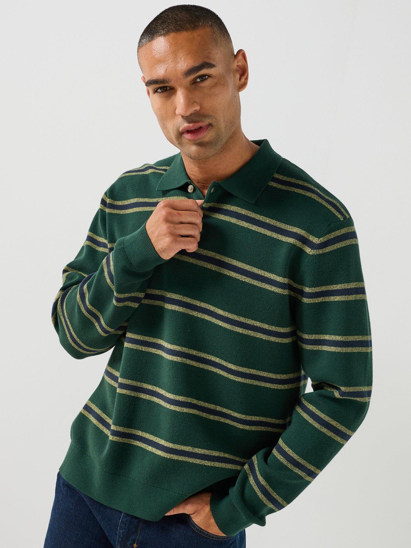 Jack & Jones Atocha Striped Long Sleeve Knitted Polo Shirt - Green in Pine Grove