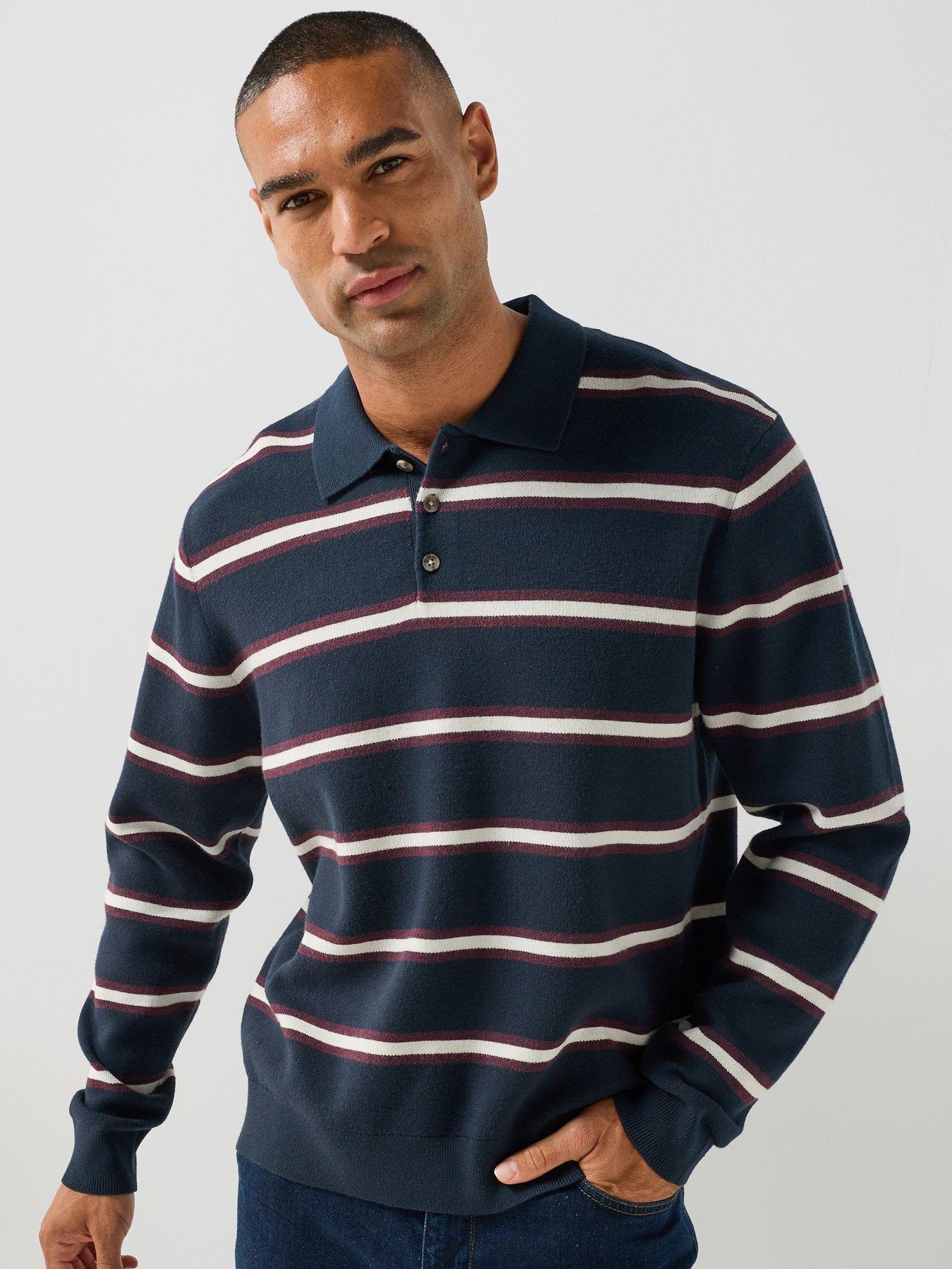 Jack & Jones Atocha Striped Long Sleeve Knitted Polo Shirt - Navy in Sky Captain