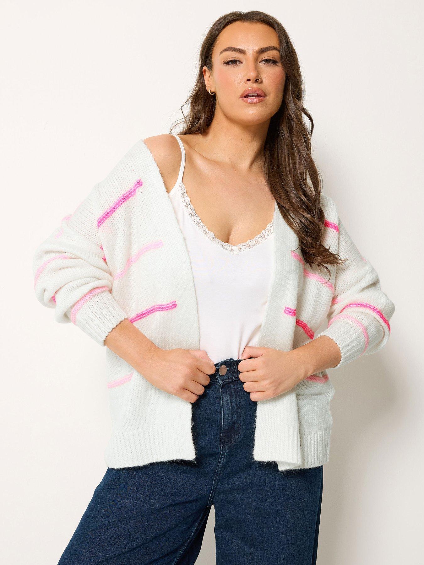Yours Curve Stripe Print Cardigan - White