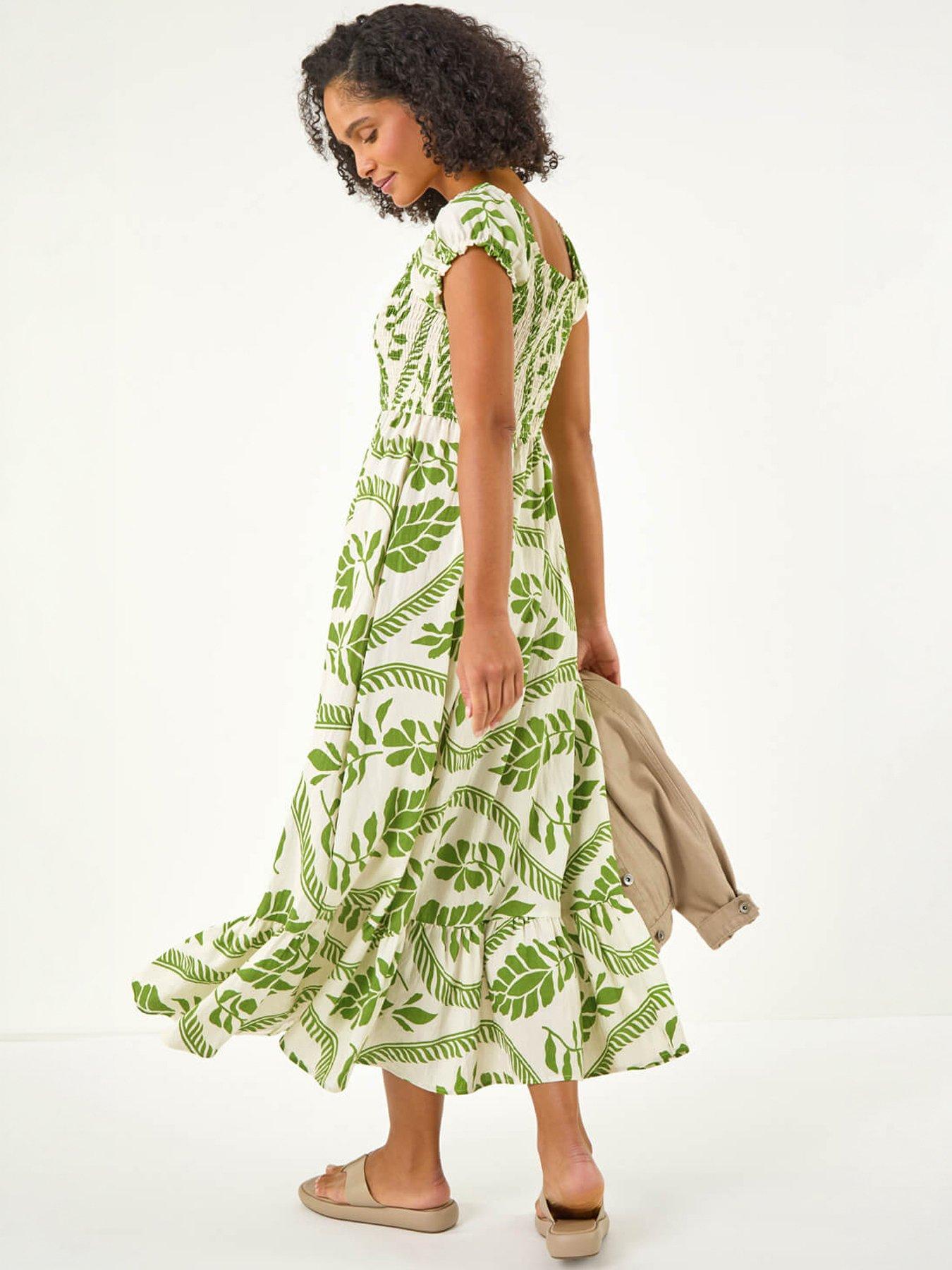 Roman Leaf Print Shirred Maxi Dress