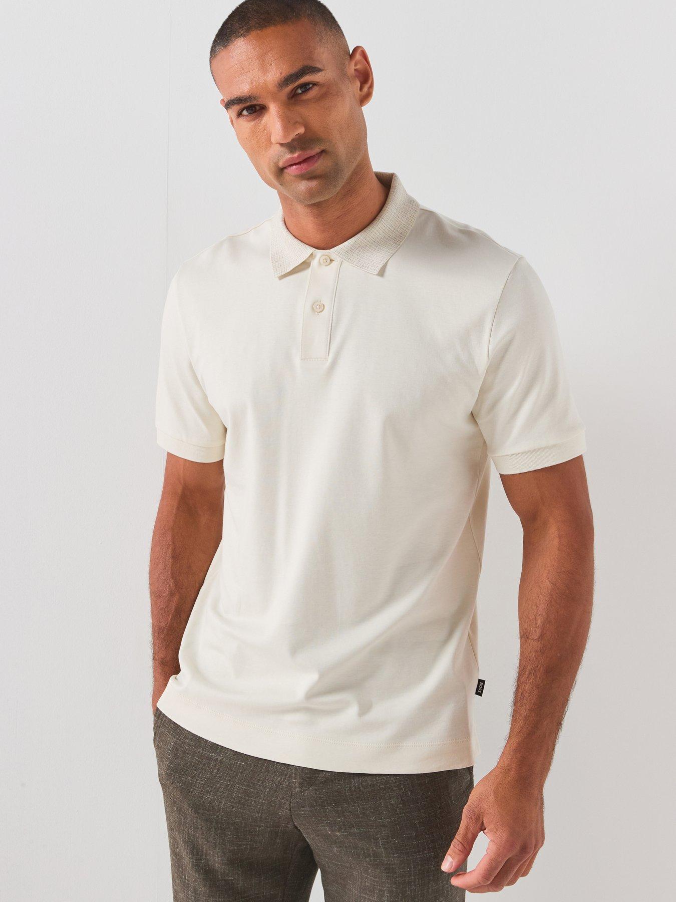 Image 1 of 6 of BOSS Patterned Collar Stretch Polo Shirt - Open White