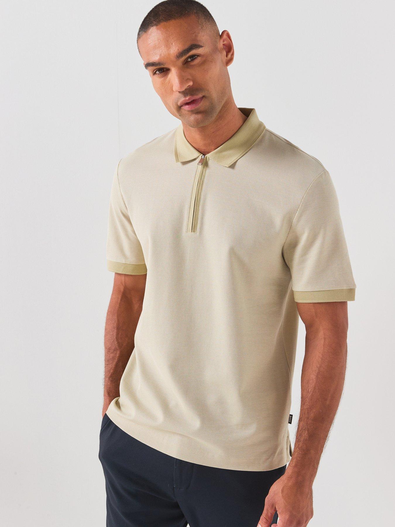 Image 1 of 6 of BOSS Zip Neck Jacquard Polo Shirt - Dark Beige