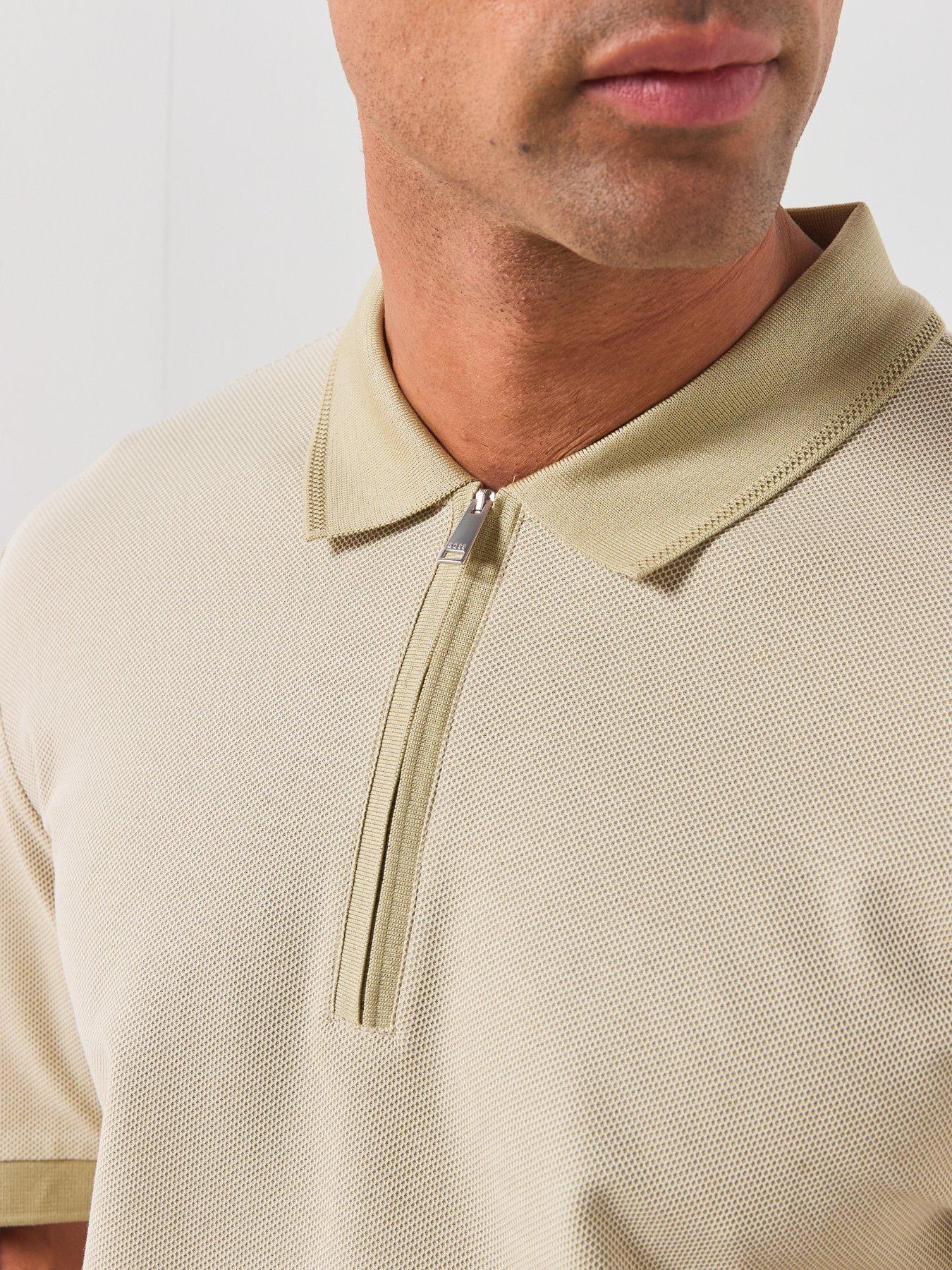 Image 6 of 6 of BOSS Zip Neck Jacquard Polo Shirt - Dark Beige