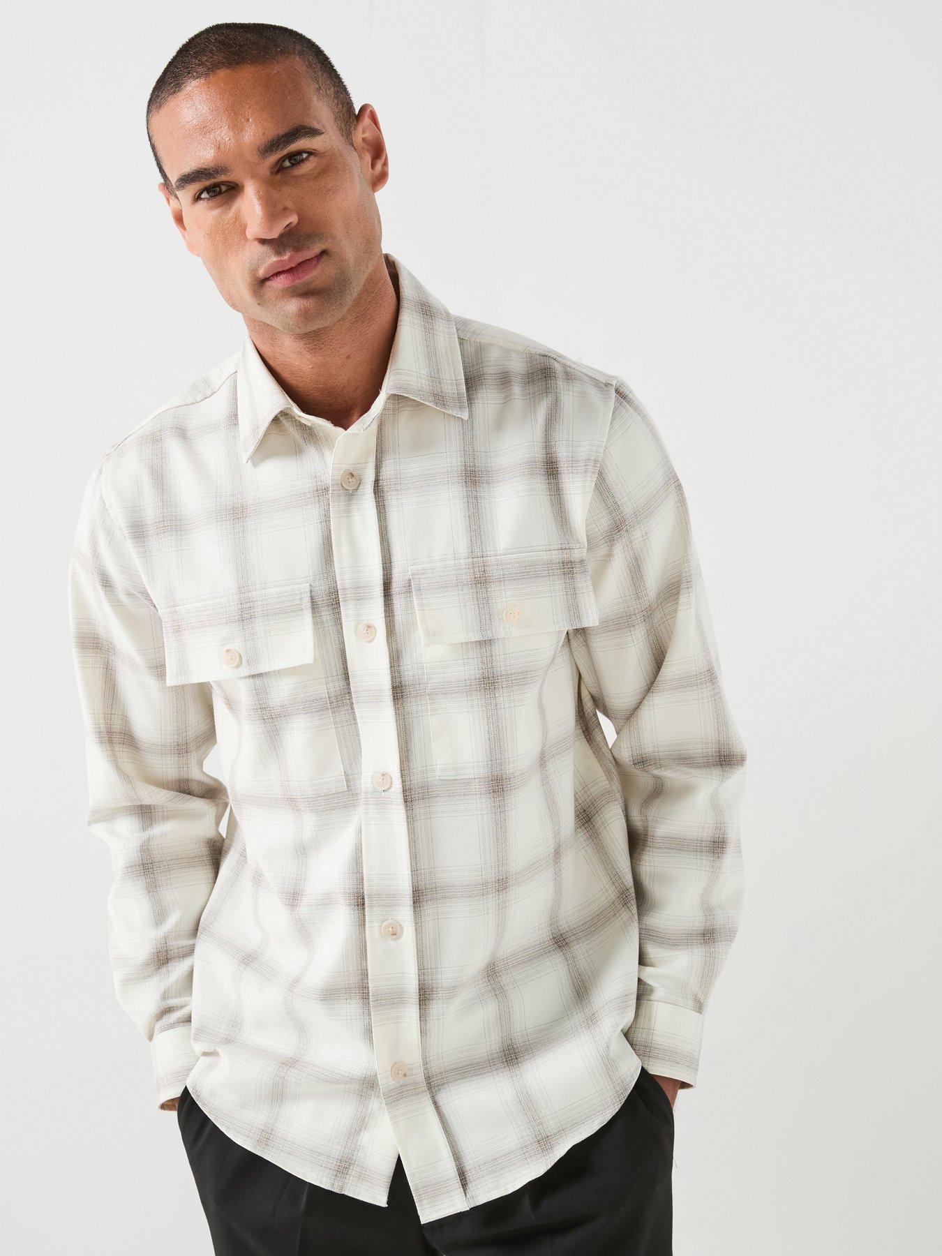Image 1 of 6 of BOSS Checked Relaxed Fit Overshirt - Open White