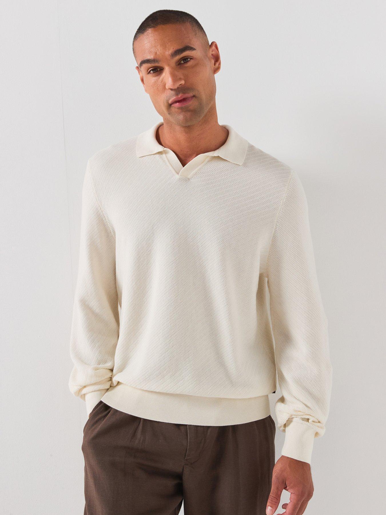 BOSS Boss H-lomarino Cotton Open Neck Long Sleeve Knitted Polo Shirt - Open White
