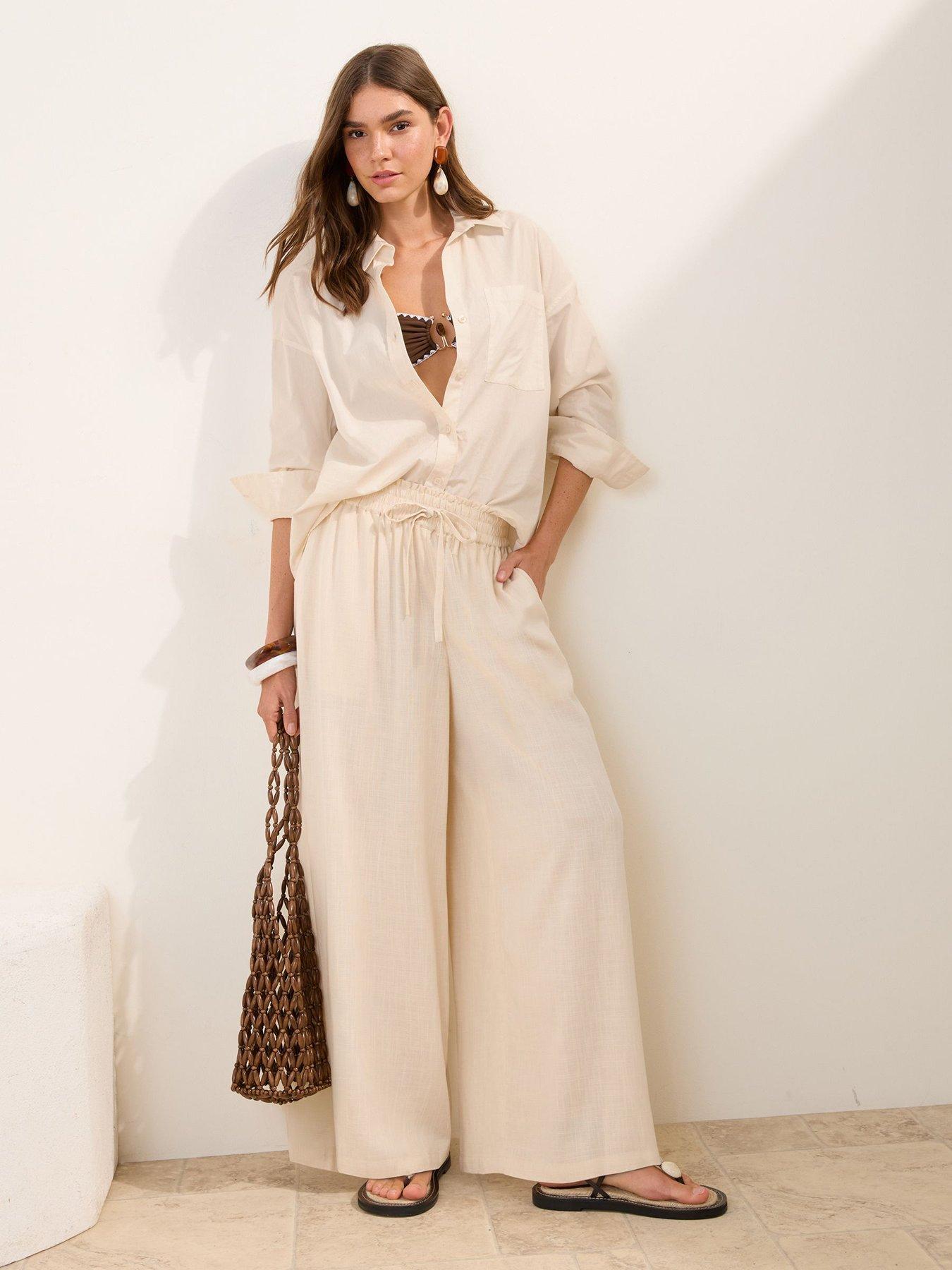 Friends Like These Neutral Shirred Waist Wide Leg Linen Trousers