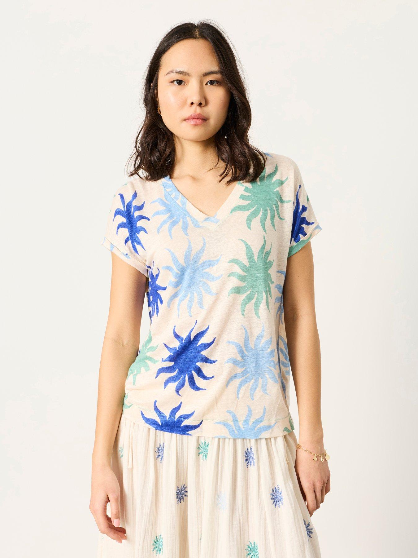 Image 1 of 5 of FatFace Lauren Sun Tile Print T-Shirt - White