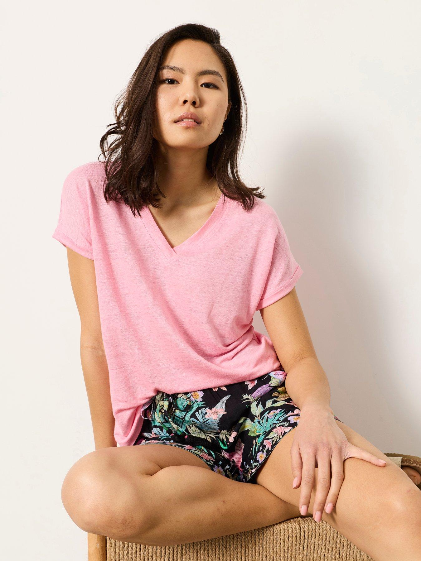 FatFace Lauren Linen V Neck T-Shirt - Pink